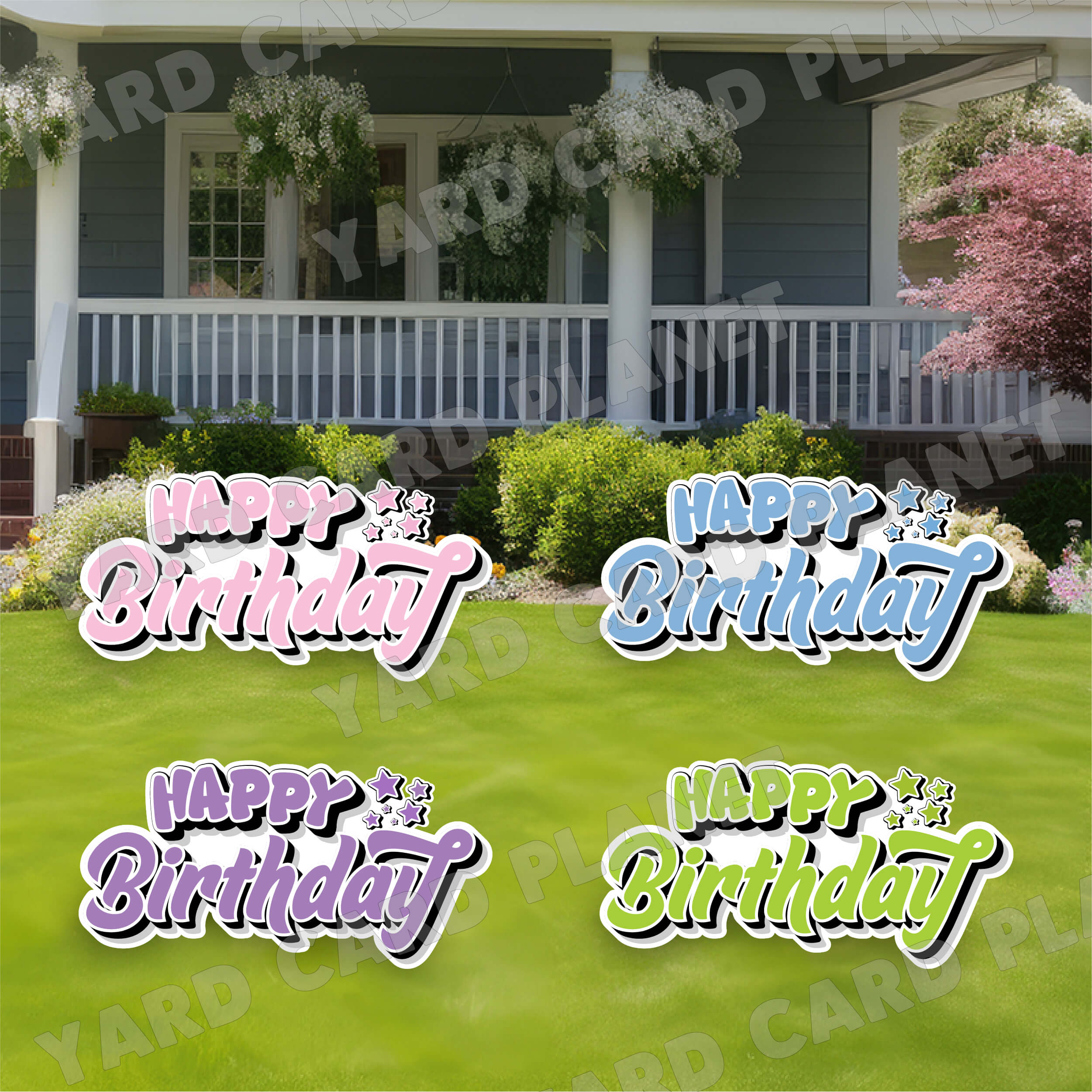 Happy Birthday EZ Quick Signs in Solid Light Pink, Baby Blue, Light Purple and Lime Green Yard Card Set