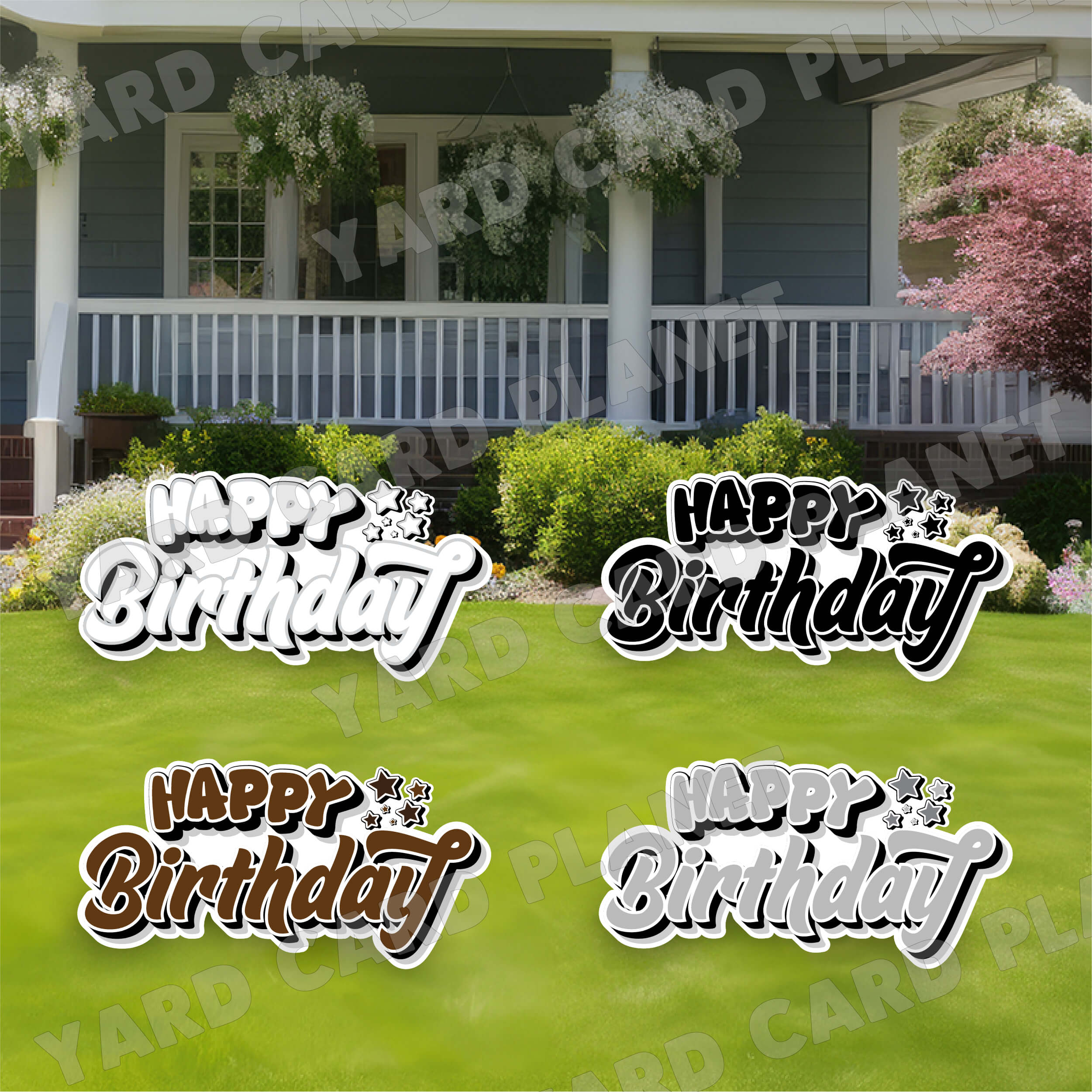 Happy Birthday EZ Quick Signs in Solid Black, White, Grey and Brown Yard Card Set