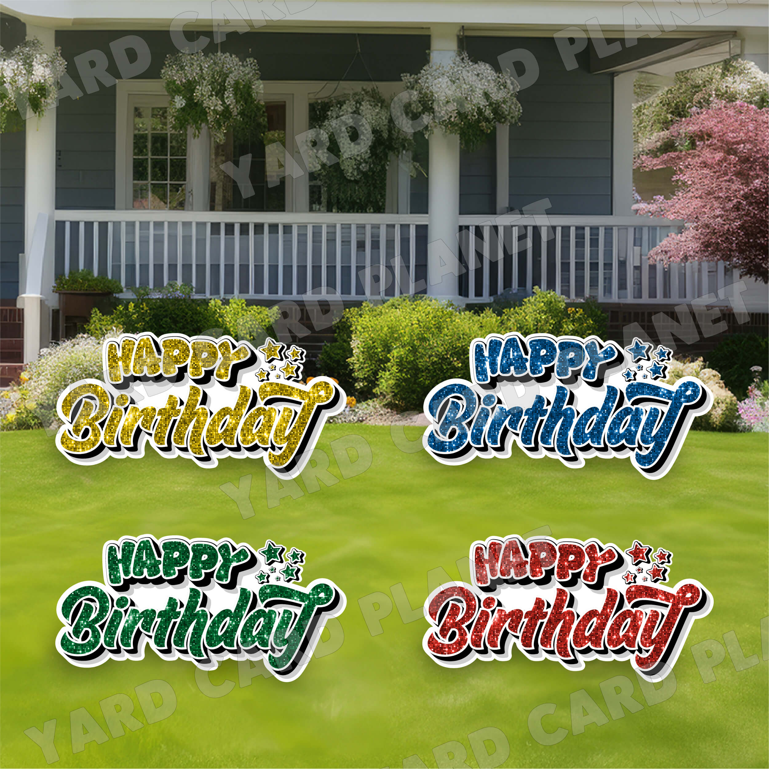 Happy Birthday EZ Quick Signs in Sequin Blue, Red, Green and Yellow Yard Card Set