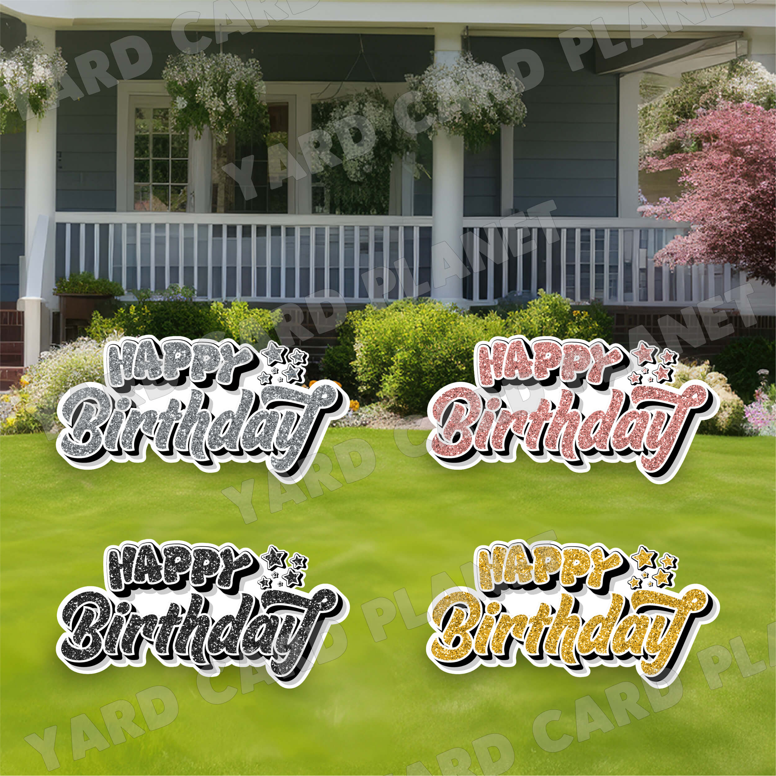 Happy Birthday EZ Quick Signs in Glitter Black, Silver, Gold and Rose Gold Yard Card Set