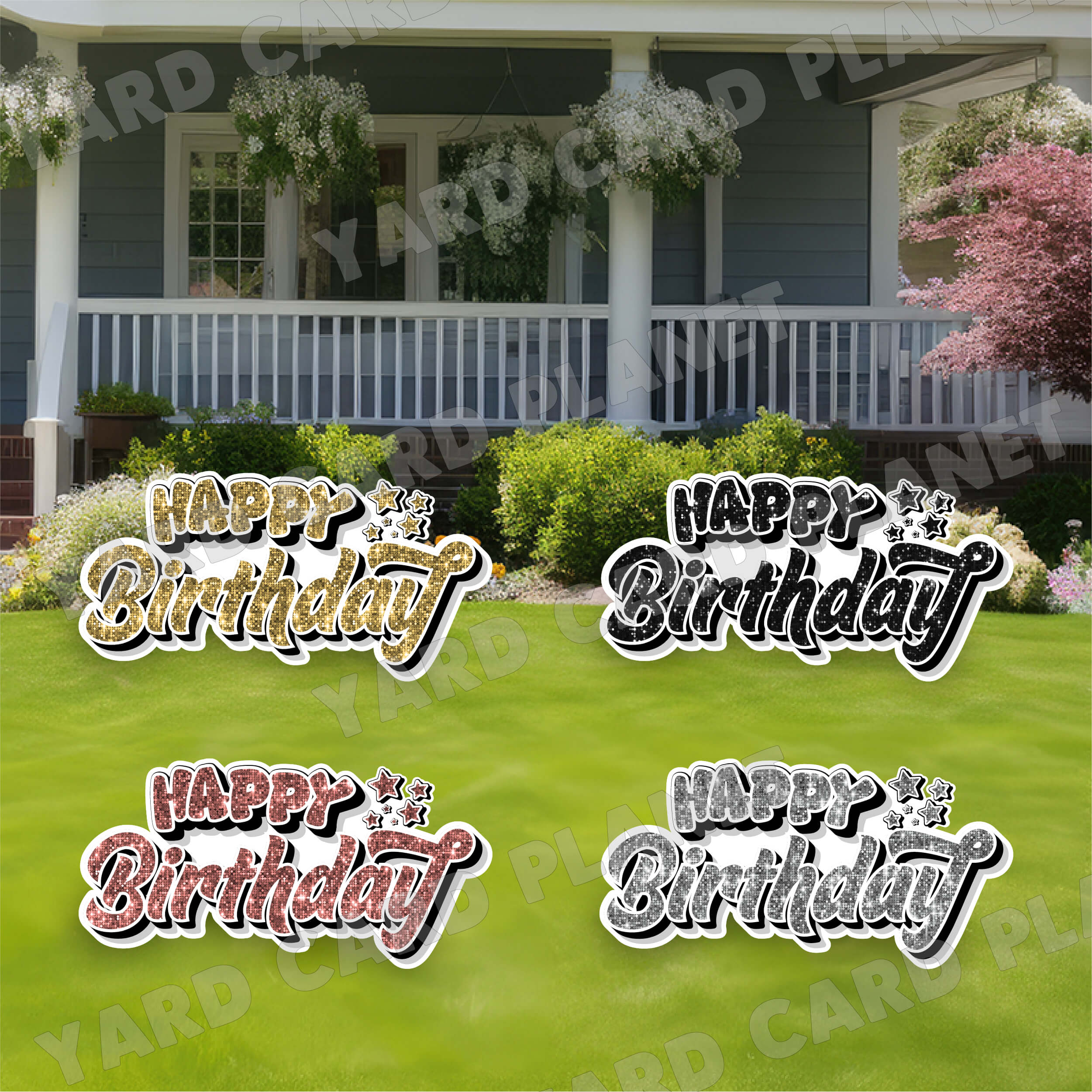 Happy Birthday EZ Quick Signs in Sequin Black, Silver, Gold and Rose Gold Yard Card Set