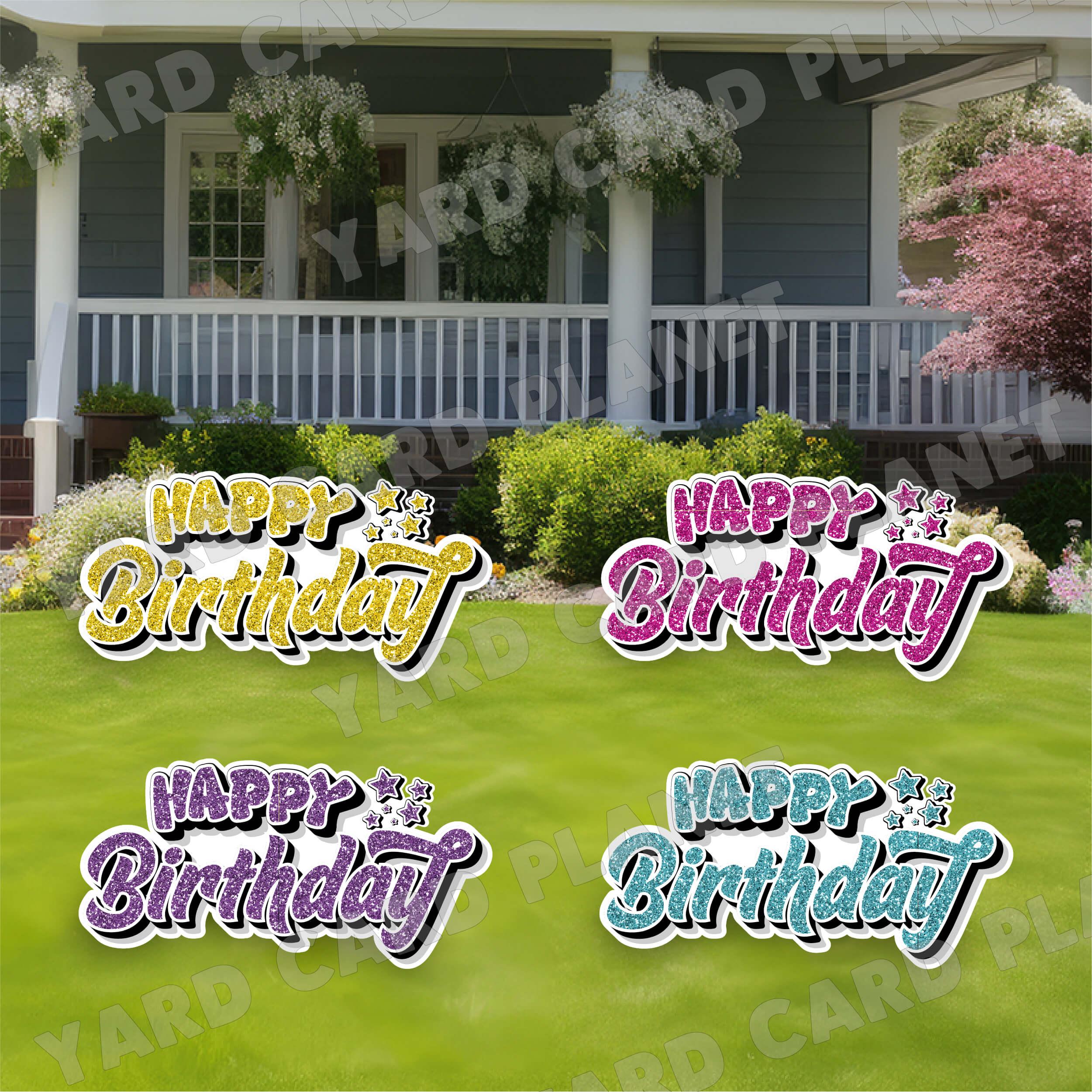 Happy Birthday EZ Quick Signs in Glitter Hot Pink, Teal, Purple and Yellow Yard Card Set