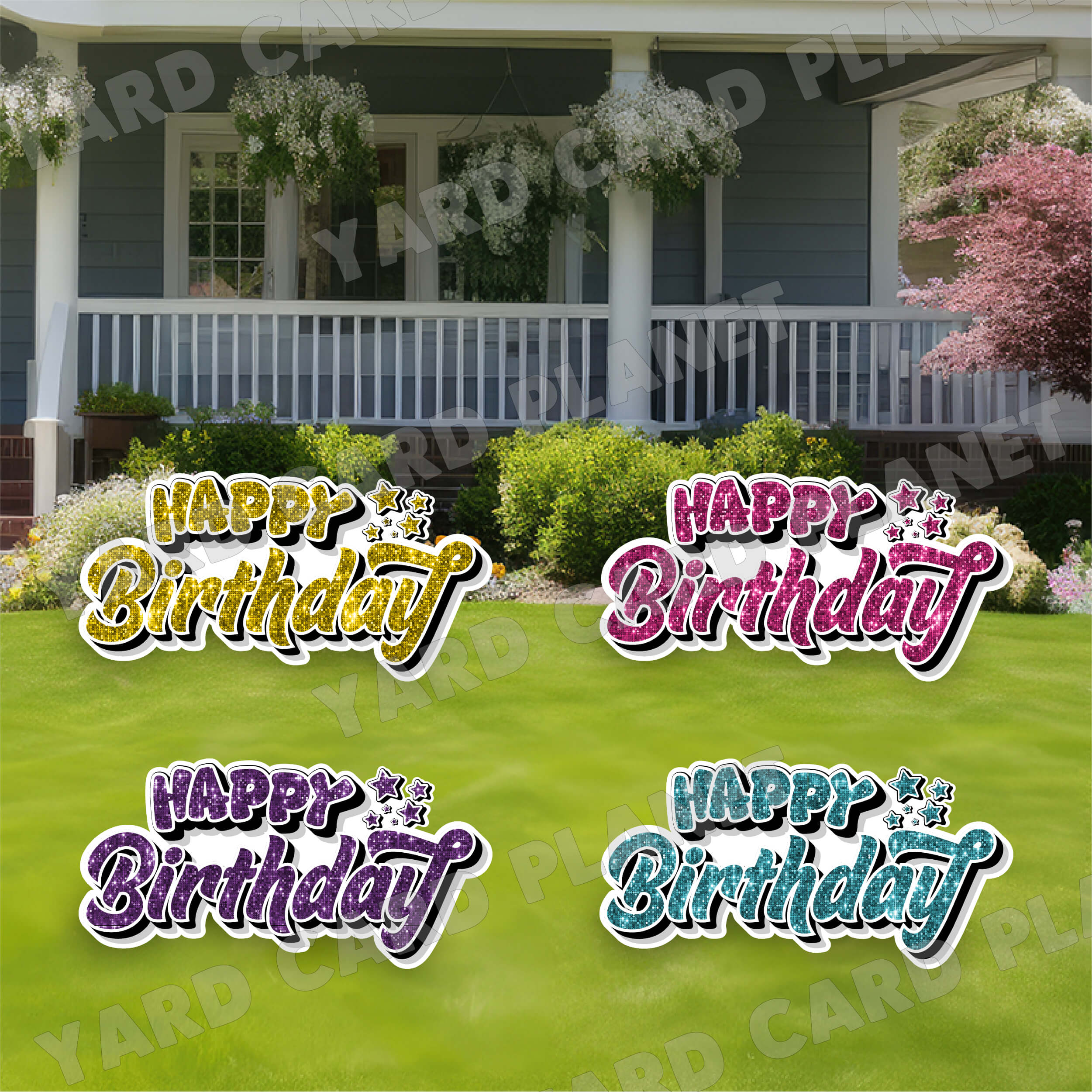 Happy Birthday EZ Quick Signs in Sequin Hot Pink, Teal, Purple and Yellow Yard Card Set