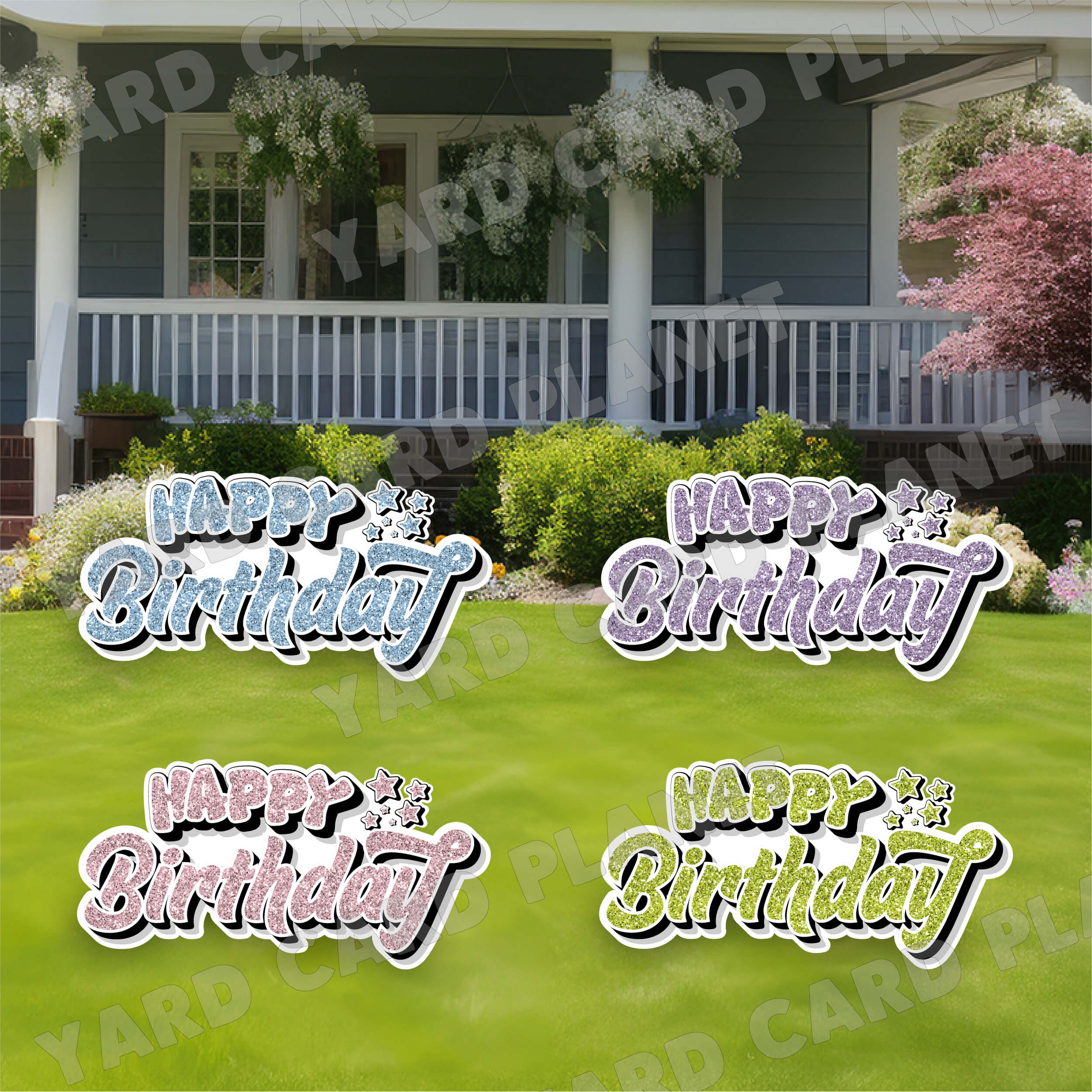 Happy Birthday EZ Quick Signs in Glitter Light Pink, Baby Blue, Light Purple and Lime Green Yard Card Set