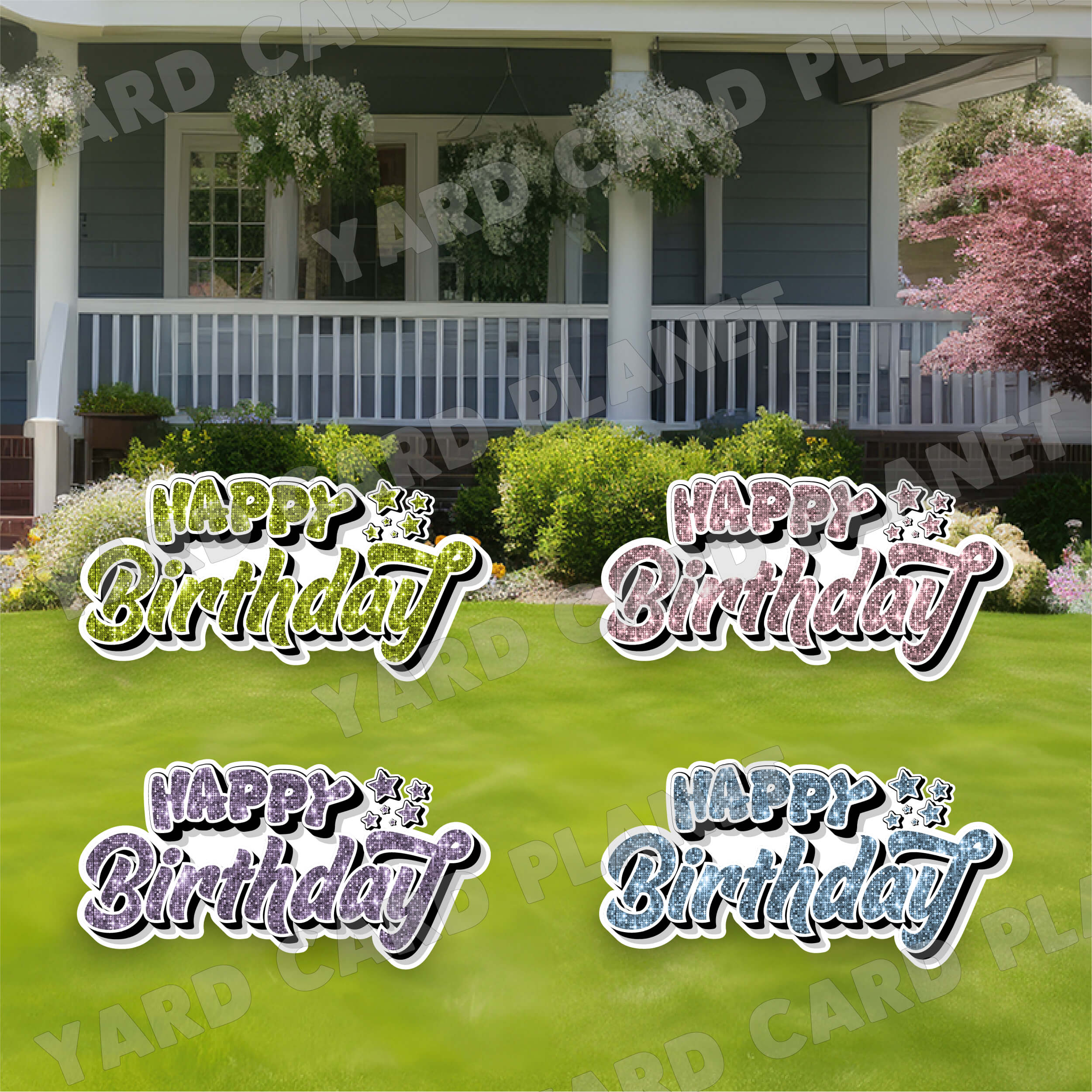Happy Birthday EZ Quick Signs in Sequin Light Pink, Baby Blue, Light Purple and Lime Green Yard Card Set