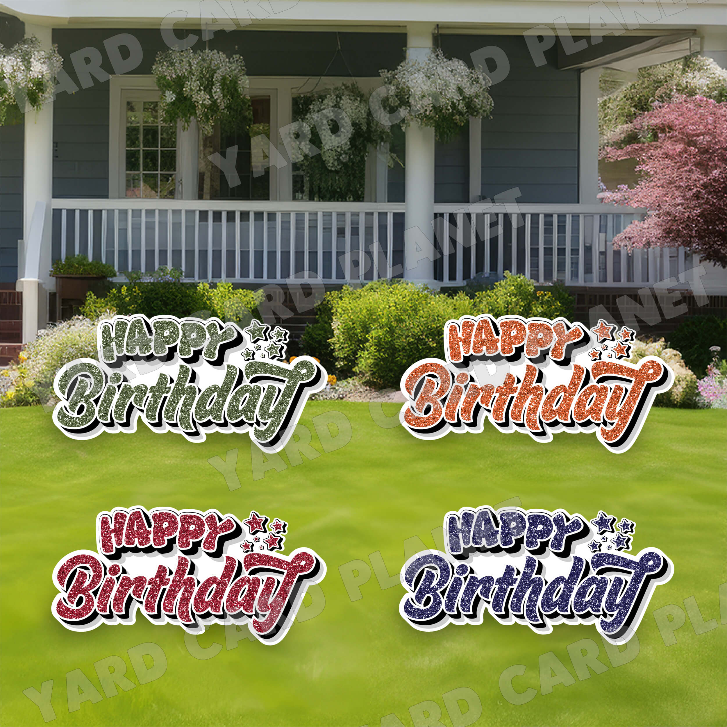 Happy Birthday EZ Quick Signs in Glitter Maroon, Navy Blue, Hunter Green and Orange Yard Card Set