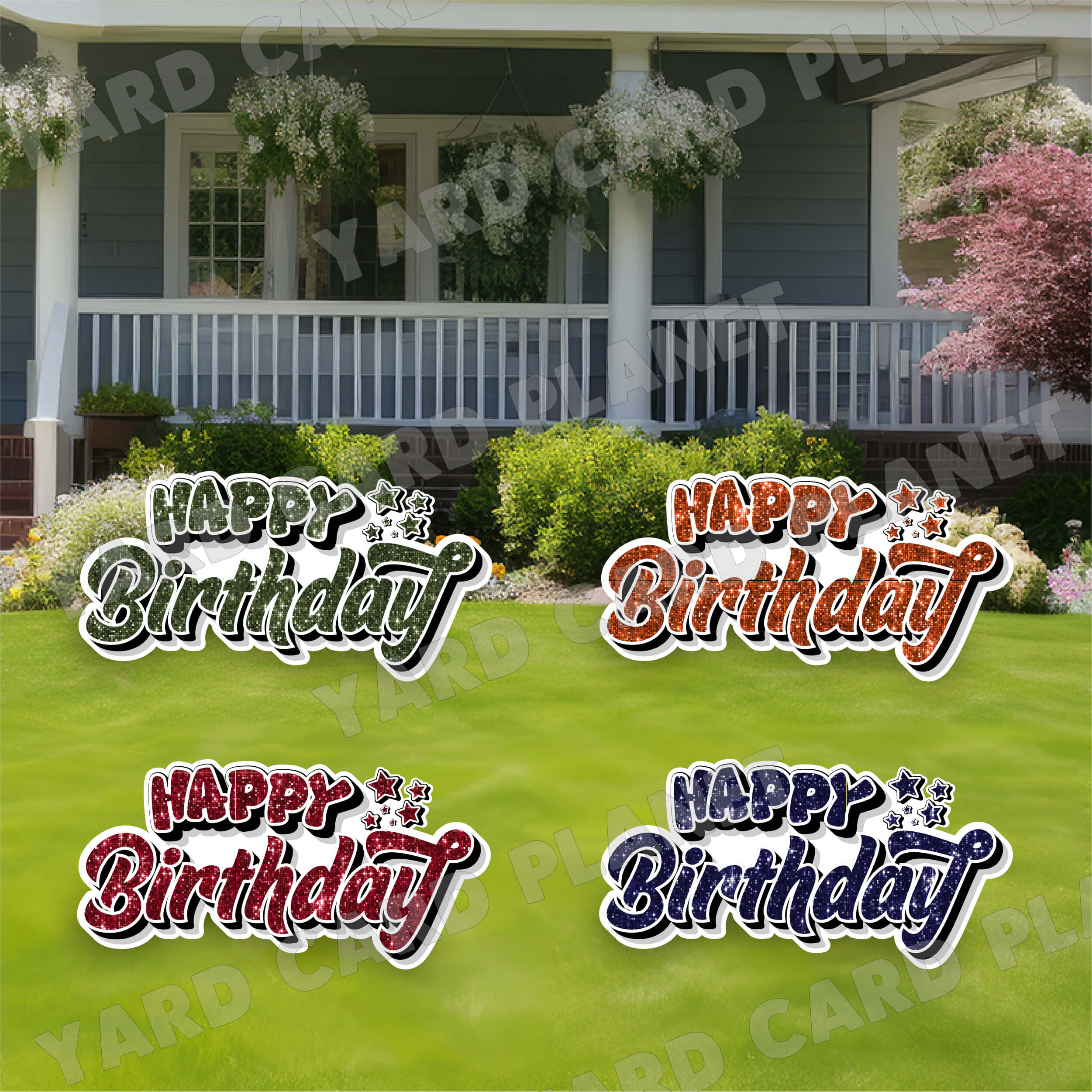 Happy Birthday EZ Quick Signs in Sequin Maroon, Navy Blue, Hunter Green and Orange Yard Card Set