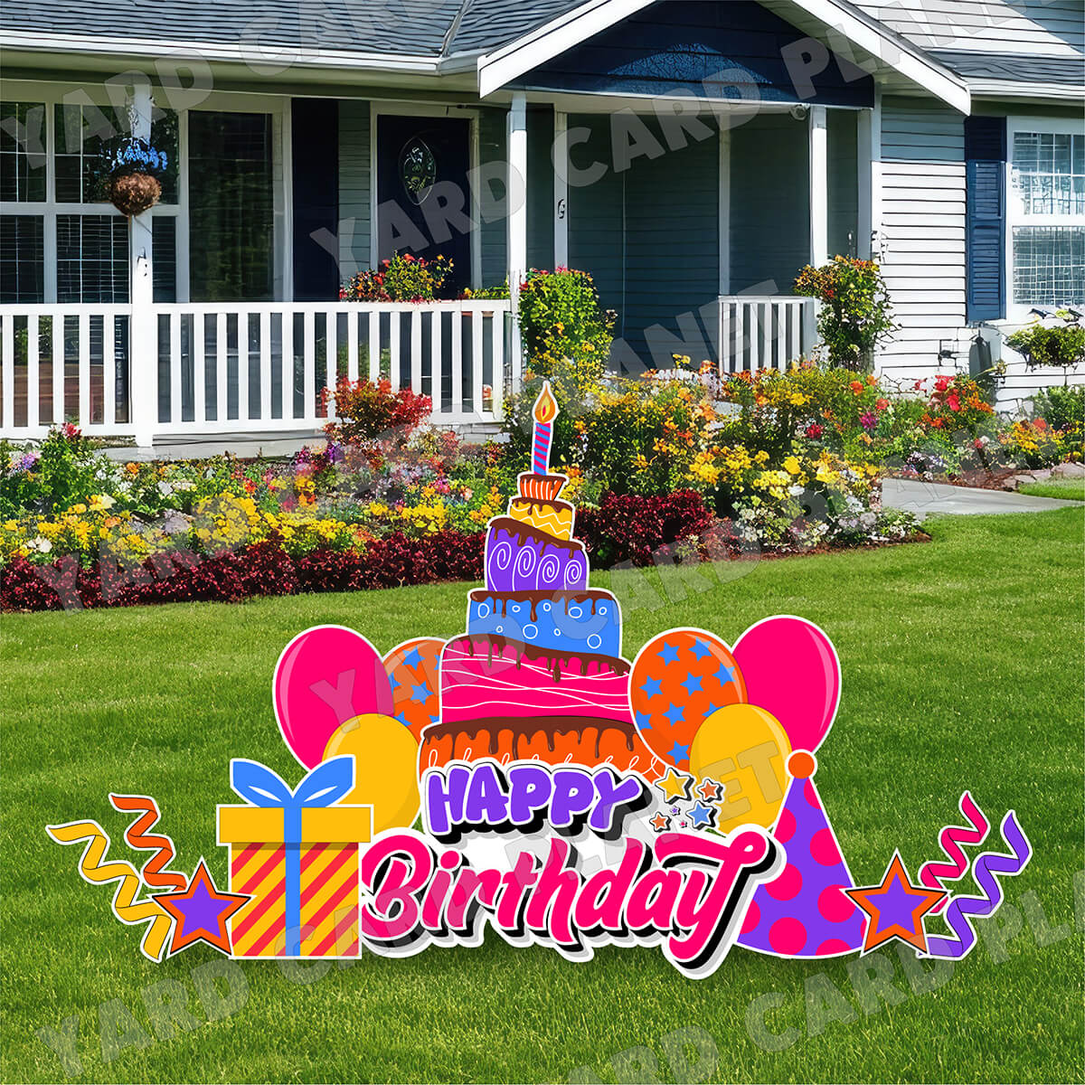 Bright Multi Color Happy Birthday EZ Quick Sign and Birthday Essentials Yard Card Flair Set