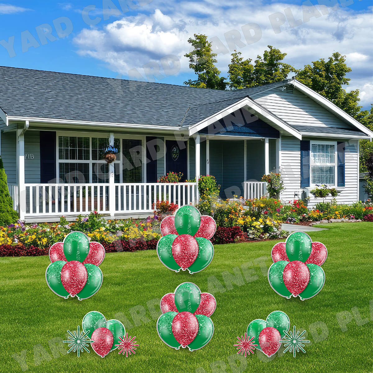 Christmas Red and Green Glitter Balloon Bouquets and Starbursts Yard Card Set
