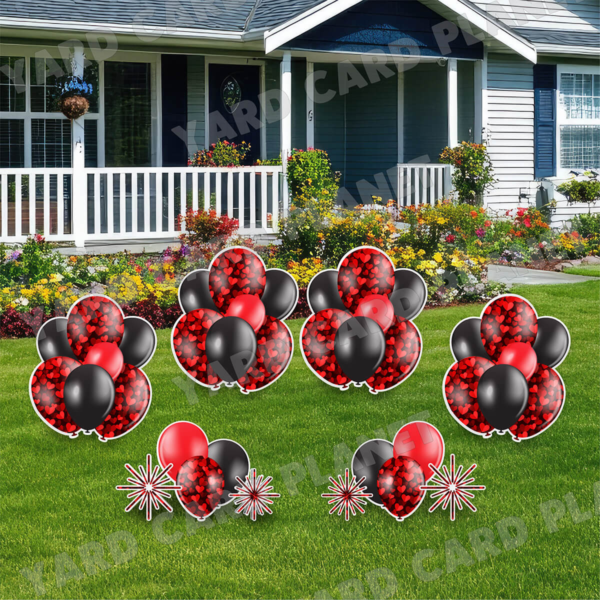 Valentine Hearts Pattern Balloon Bouquets and Starbursts Yard Card Set