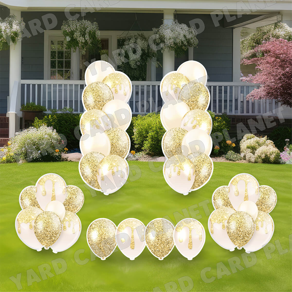 Gold Glitter Balloon Towers, Bouquets and Singles Yard Card Set