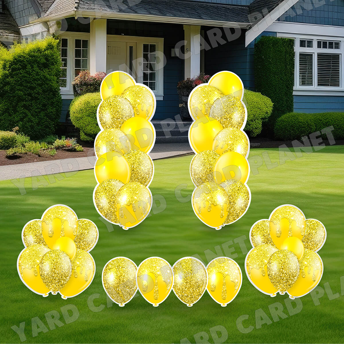 Yellow Glitter Balloon Towers, Bouquets and Singles Yard Card Set