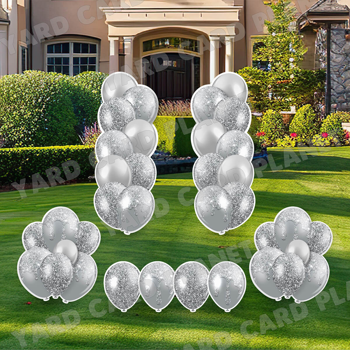 Silver Glitter Balloon Towers, Bouquets and Singles Yard Card Set