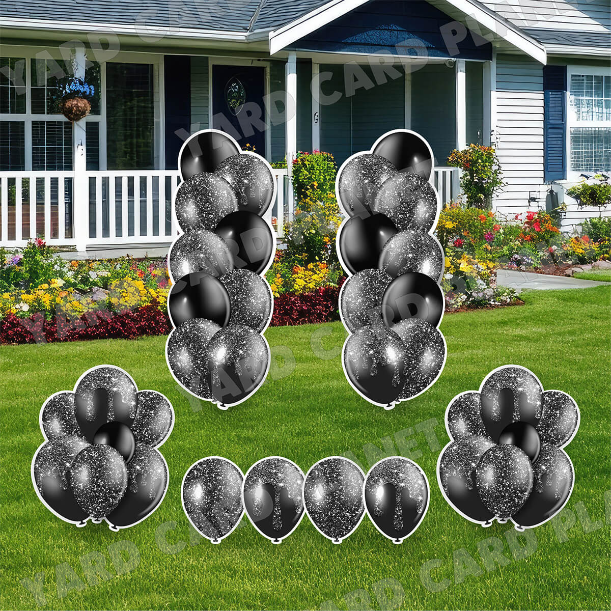 Black Glitter Balloon Towers, Bouquets and Singles Yard Card Set