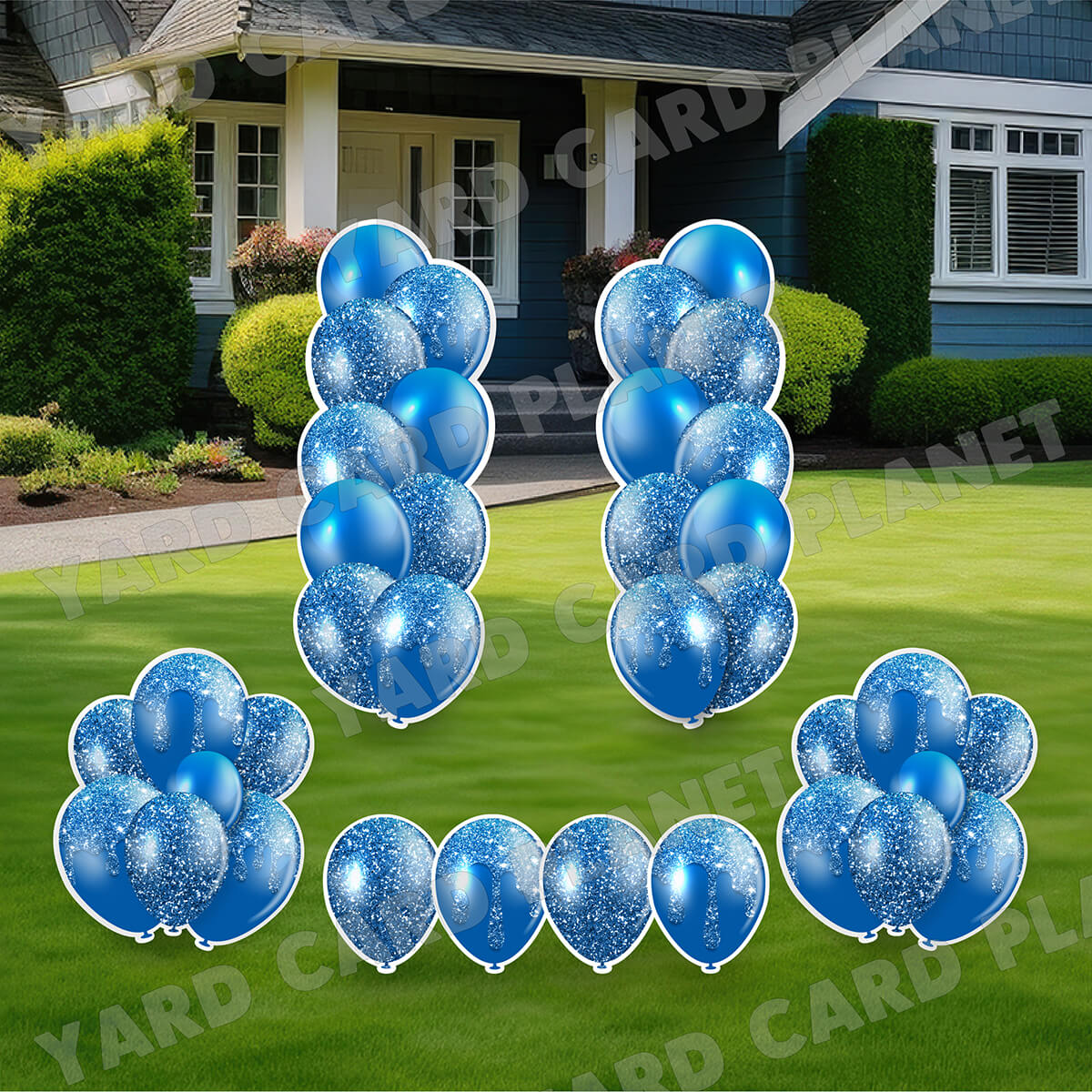 Blue Glitter Balloon Towers, Bouquets and Singles Yard Card Set