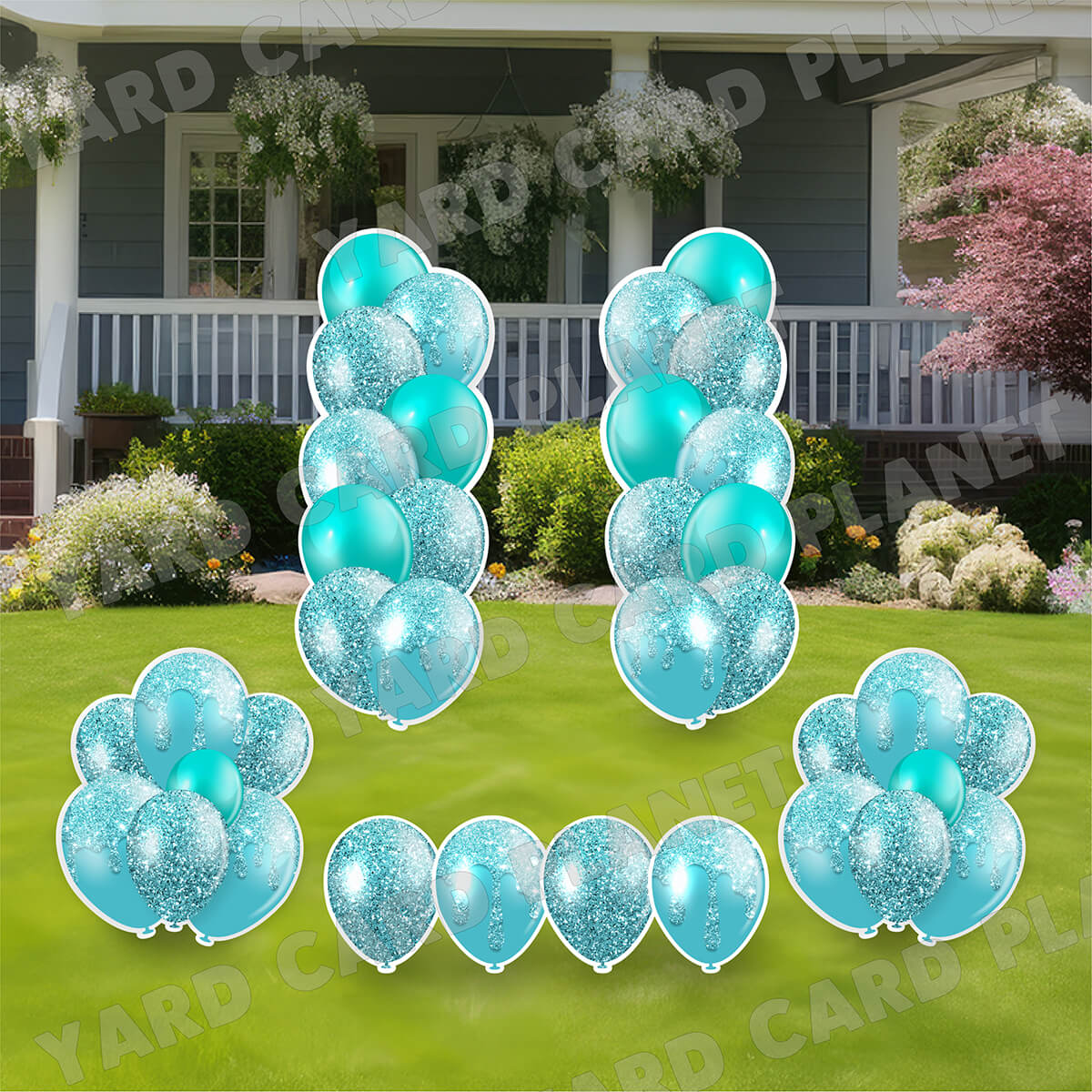 Teal Glitter Balloon Towers, Bouquets and Singles Yard Card Set