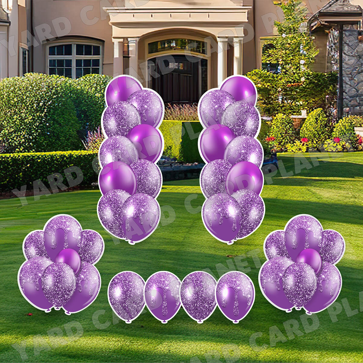 Purple Glitter Balloon Towers, Bouquets and Singles Yard Card Set