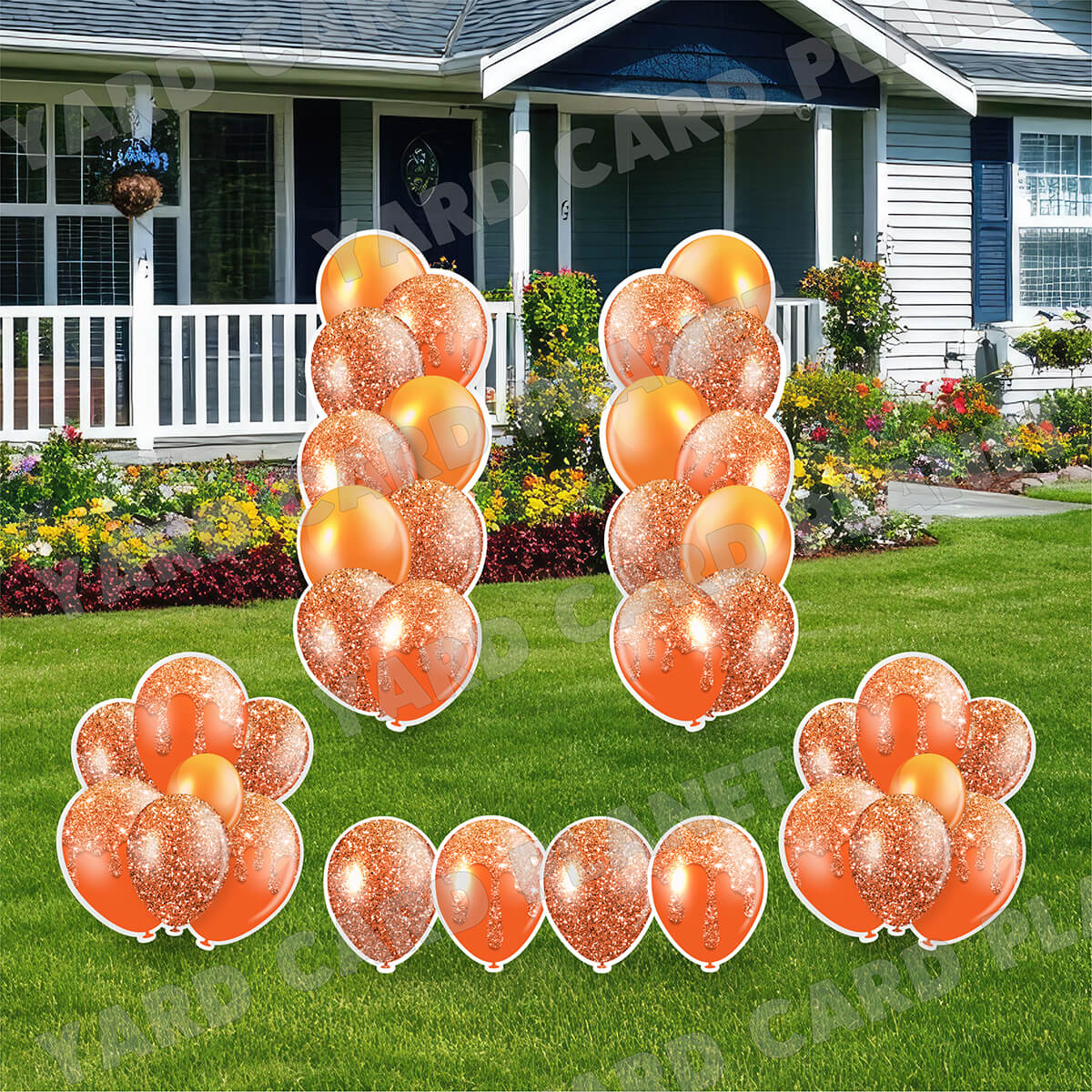 Orange Glitter Balloon Towers, Bouquets and Singles Yard Card Set