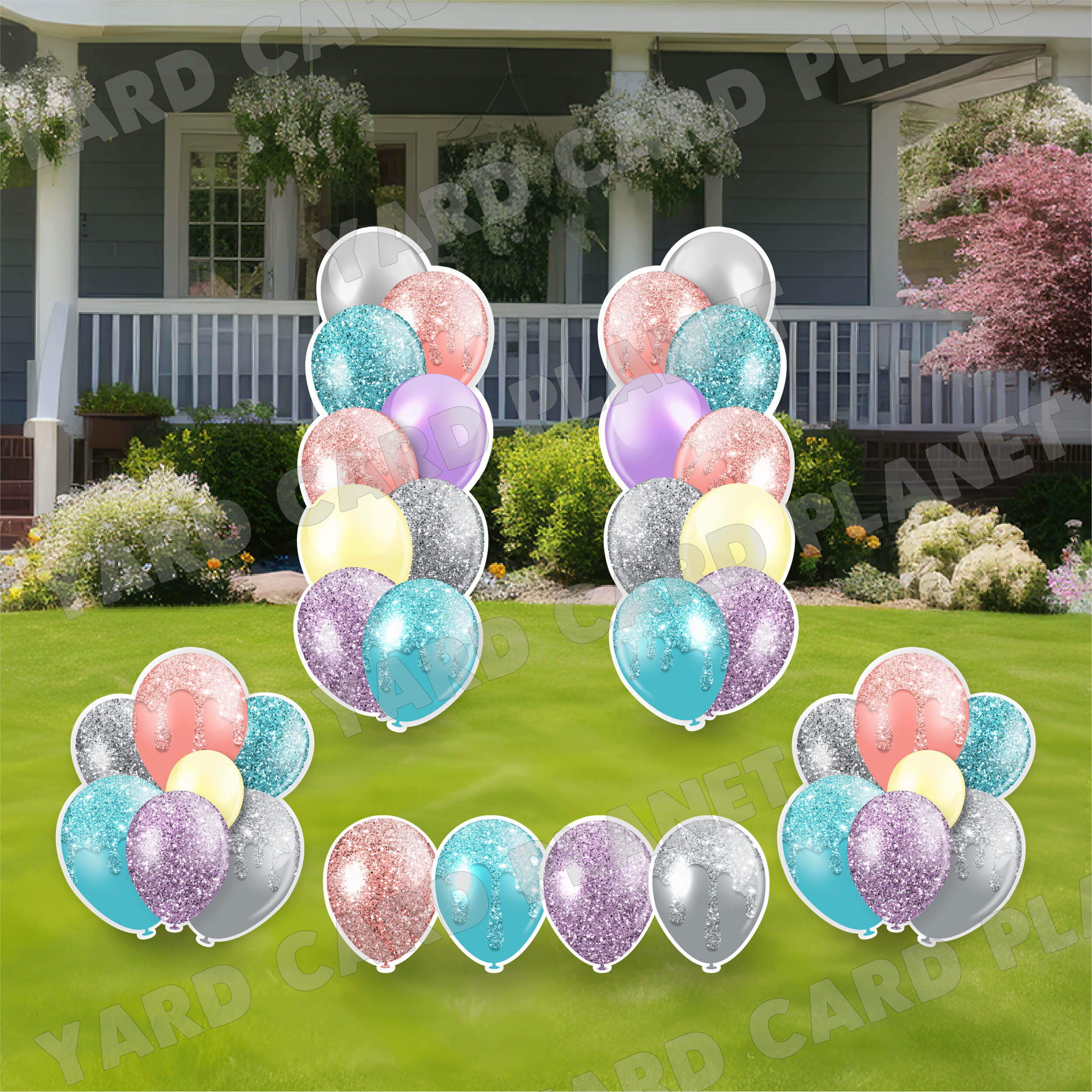 Pastel Colorful Glitter Balloon Towers, Bouquets and Singles Yard Card Set
