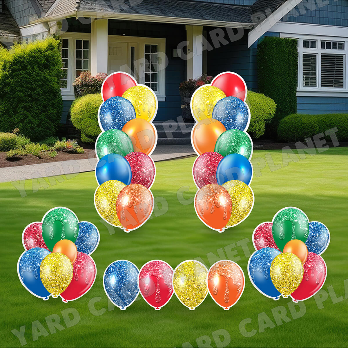 Bright Colorful Glitter Balloon Towers, Bouquets and Singles Yard Card Set