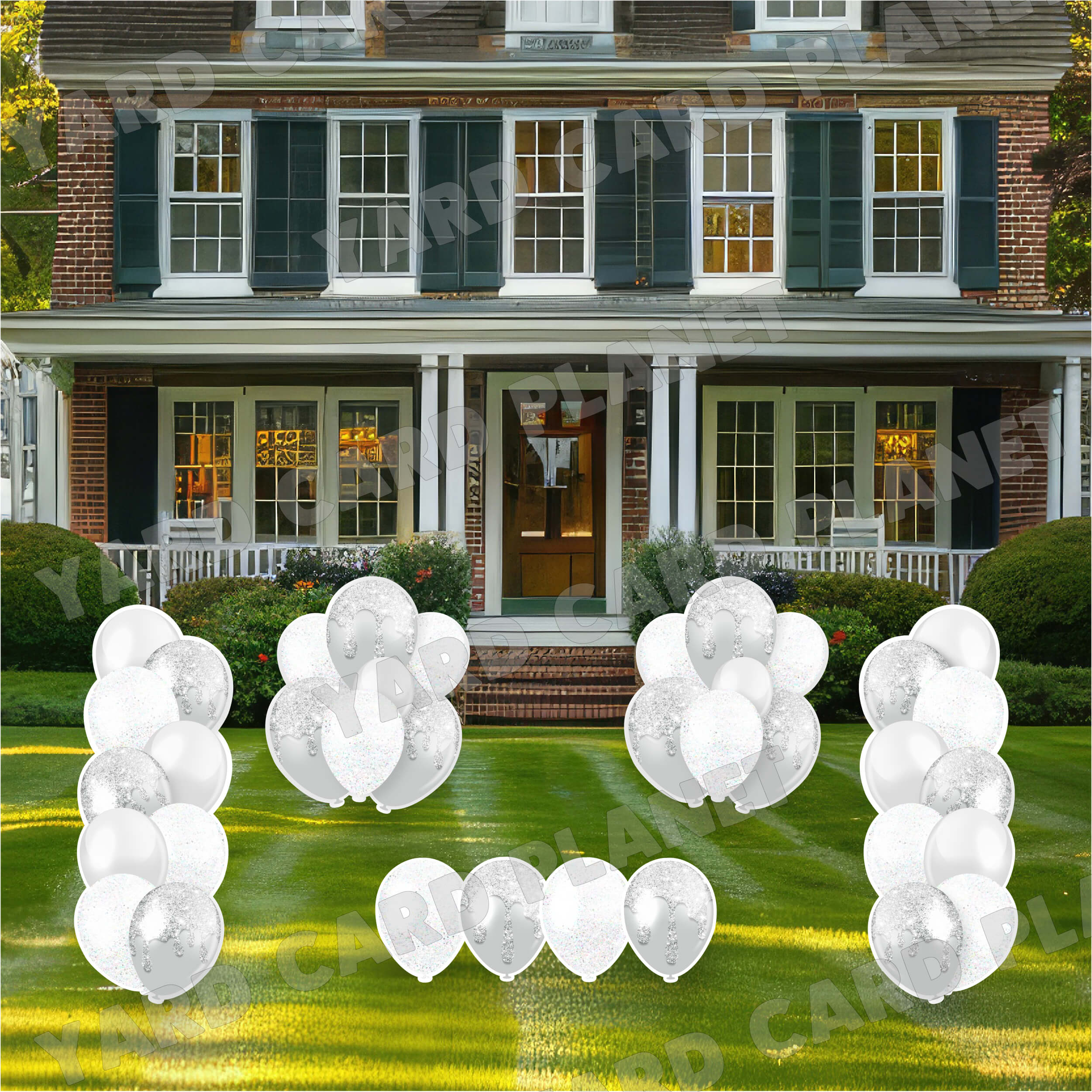 White and Silver Glitter Balloon Towers, Bouquets and Singles Yard Card Set