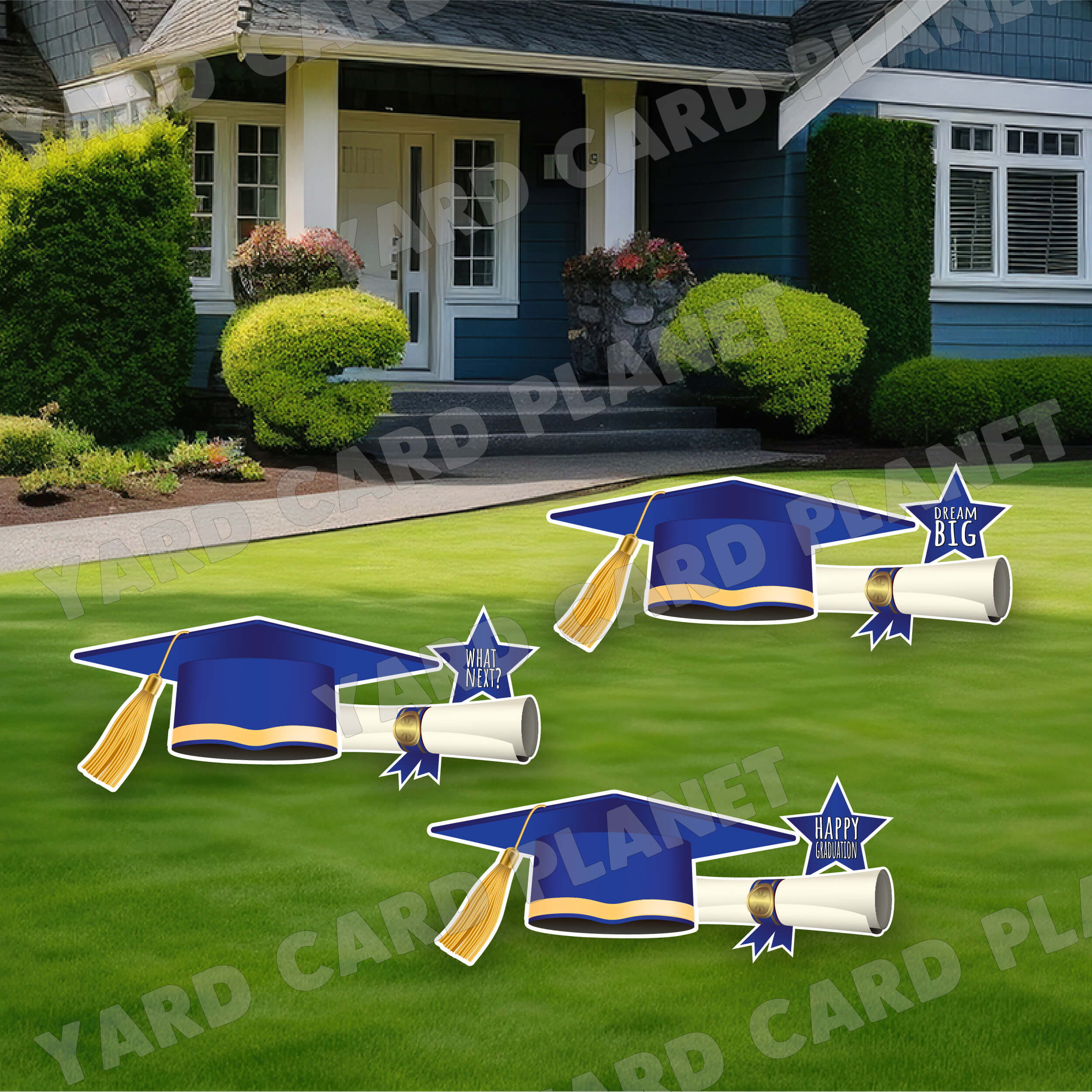 Extra Large Blue Graduation Caps, Diplomas and Signs Yard Card Flair Set