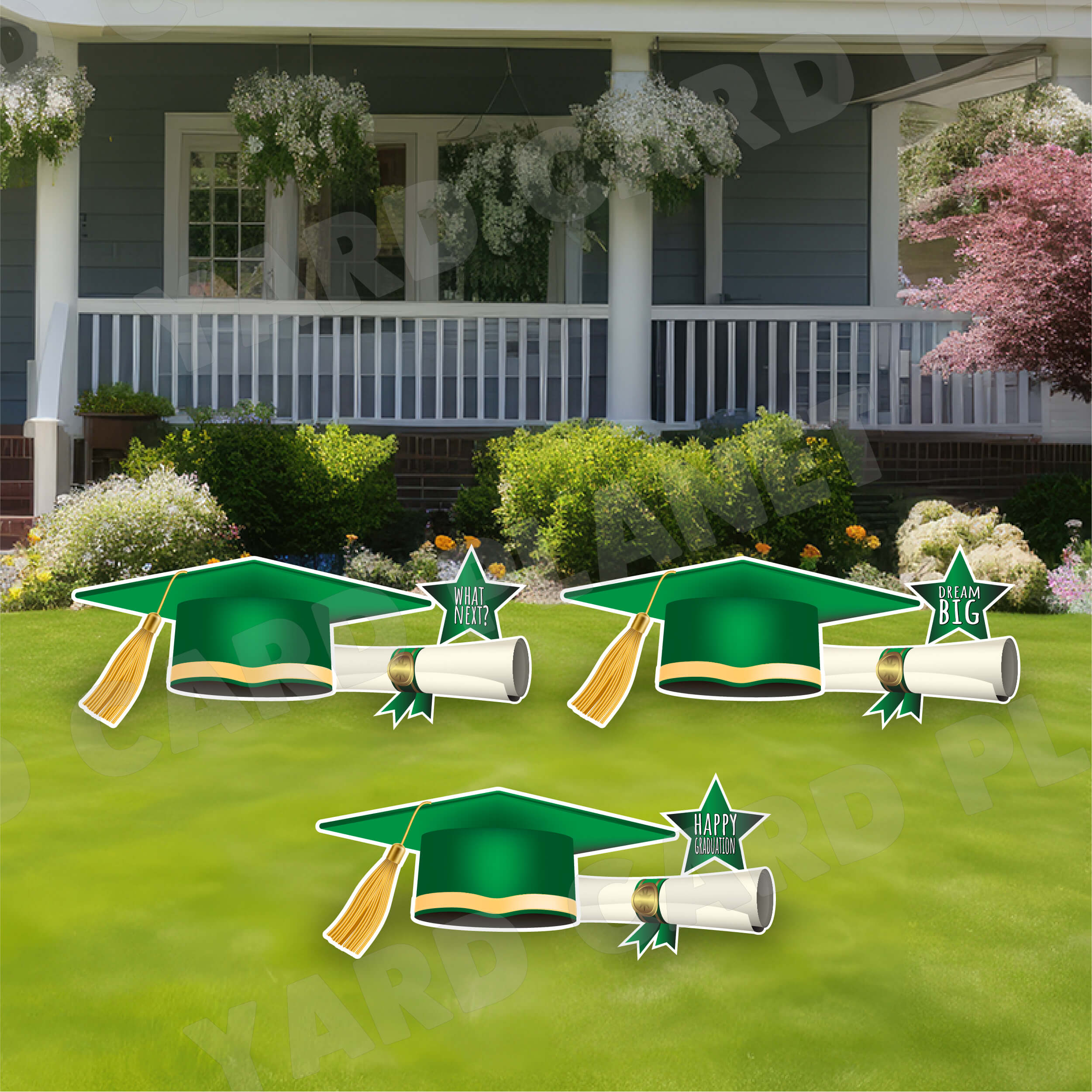 Extra Large Green Graduation Caps, Diplomas and Signs Yard Card Flair Set