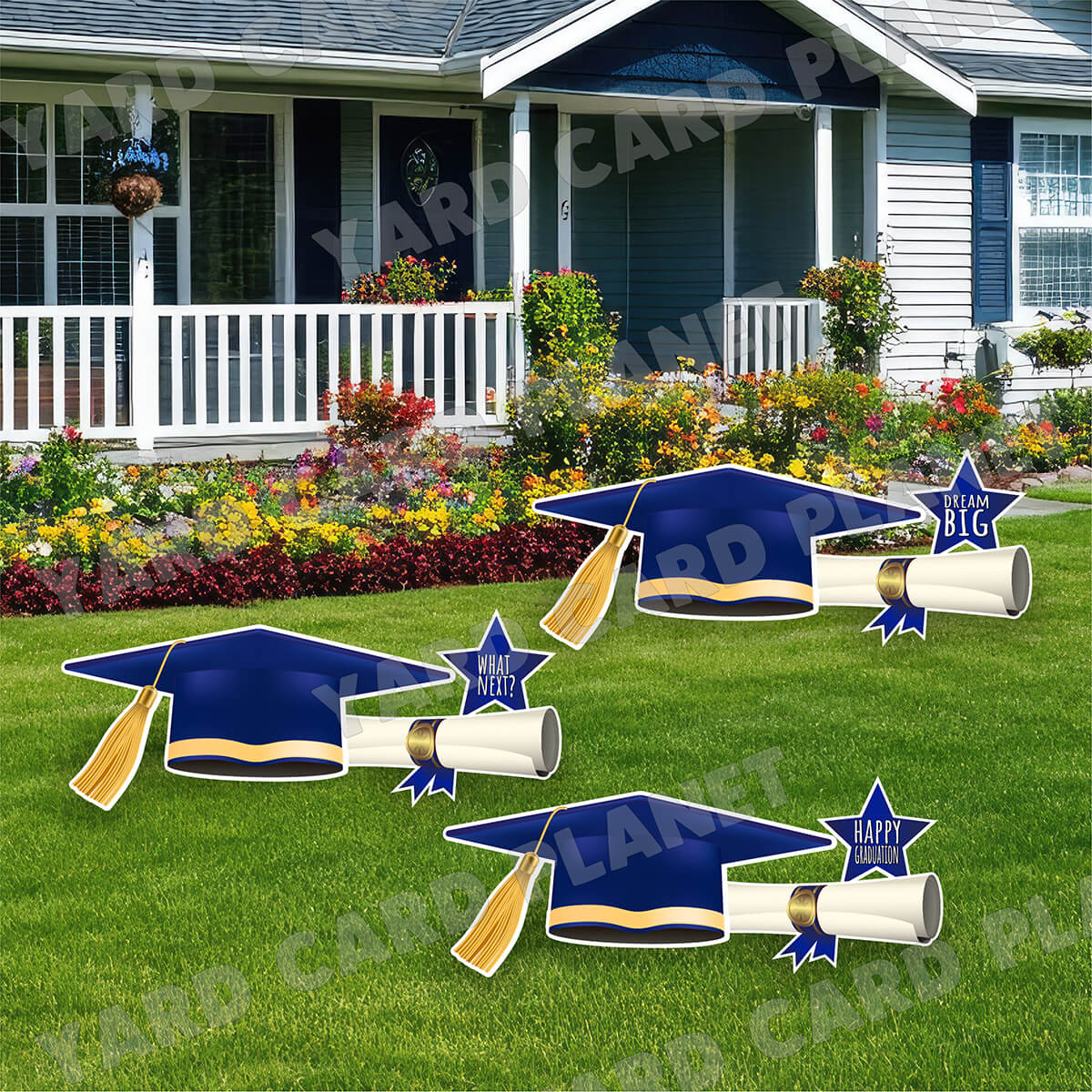 Extra Large Navy Blue Graduation Caps, Diplomas and Signs Yard Card Flair Set