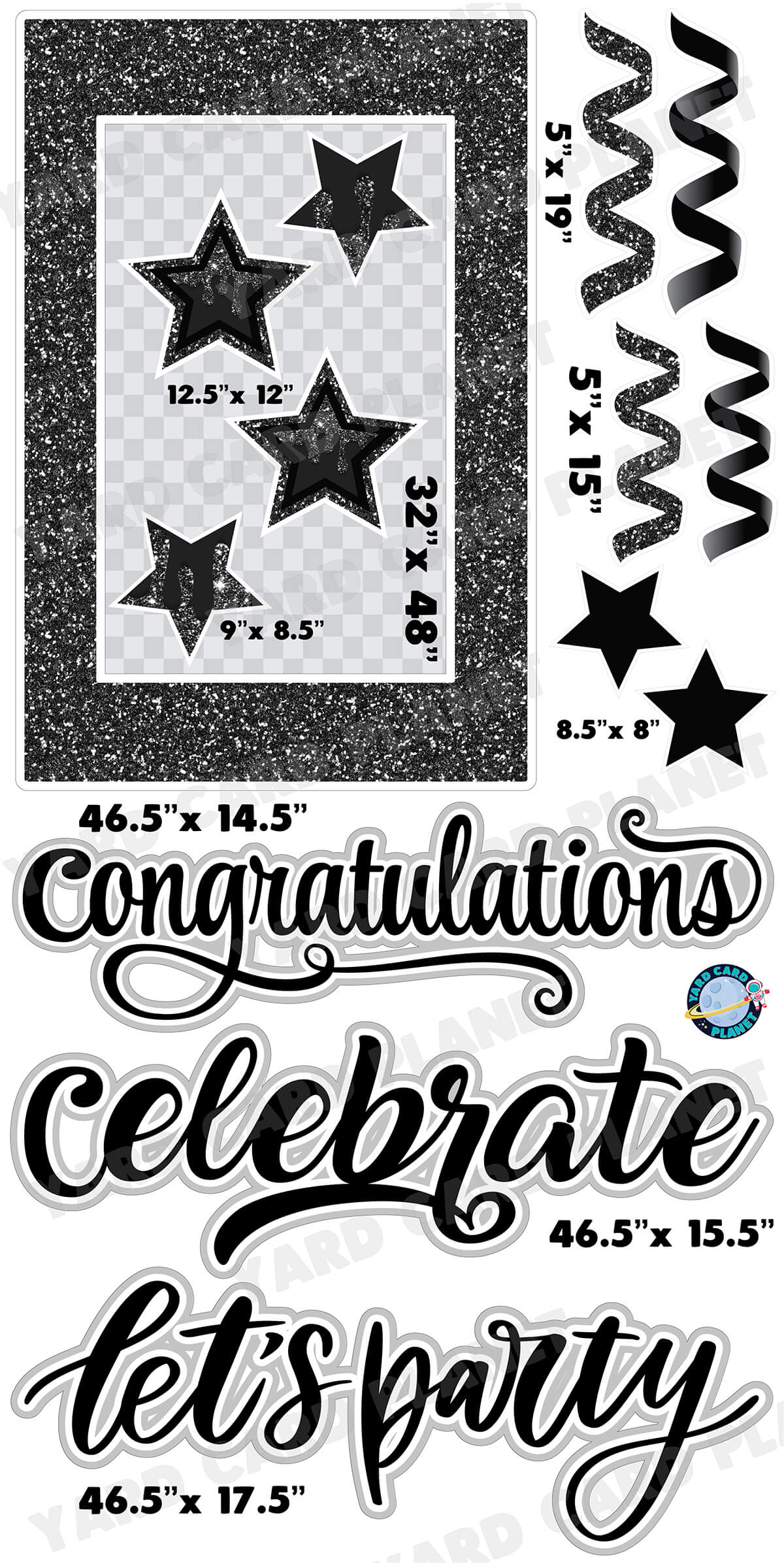 Black Glitter Multi Purpose EZ Frame with Interchangeable Greetings and Matching Yard Card Flair Set with Mesurements