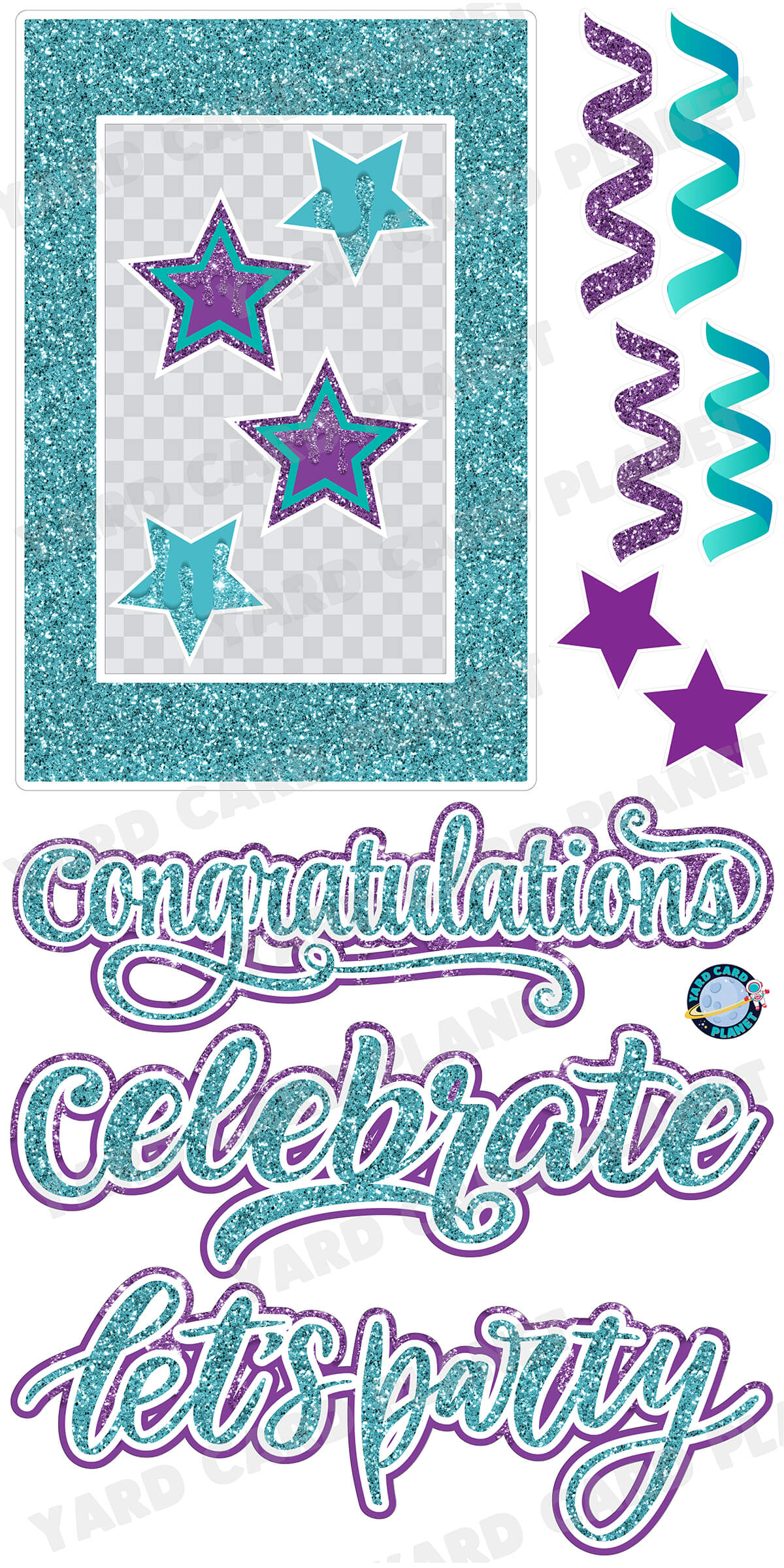 Teal and Purple Glitter Multi Purpose EZ Frame with Interchangeable Greetings and Matching Yard Card Flair Set