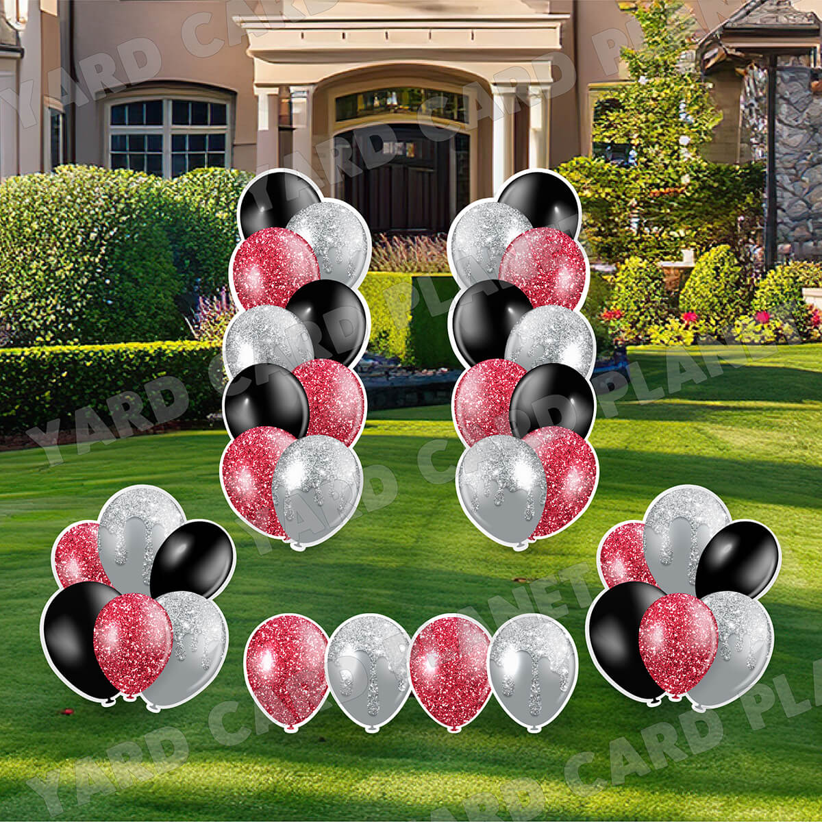 Red, Silver and Black Glitter Balloon Towers, Bouquets and Singles Yard Card Set