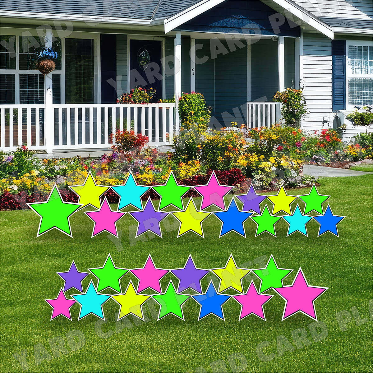 Neon Colorful Solid Outlined Stars Yard Card Flair Set