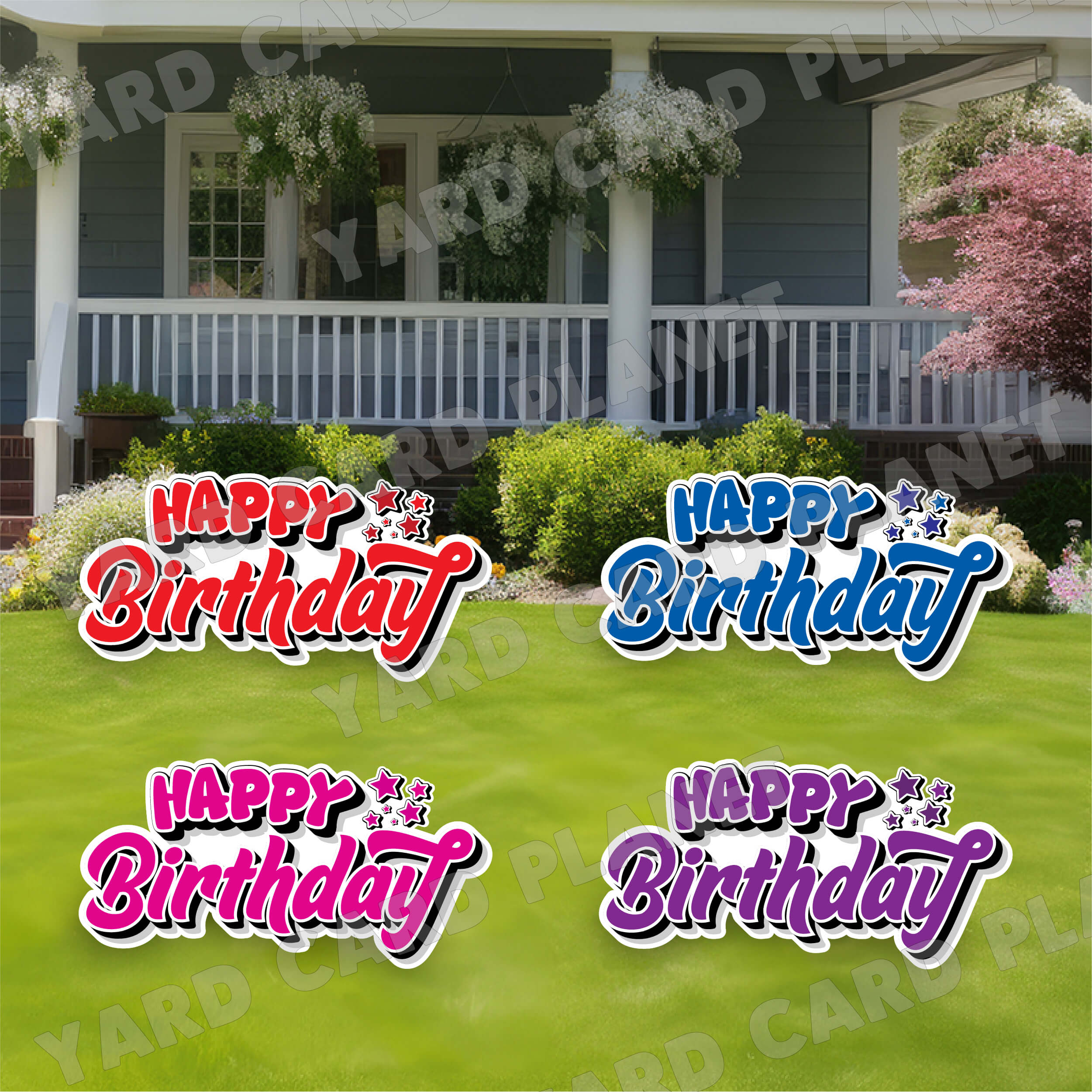 Happy Birthday EZ Quick Signs in Solid Blue, Red, Hot Pink and Purple Yard Card Set