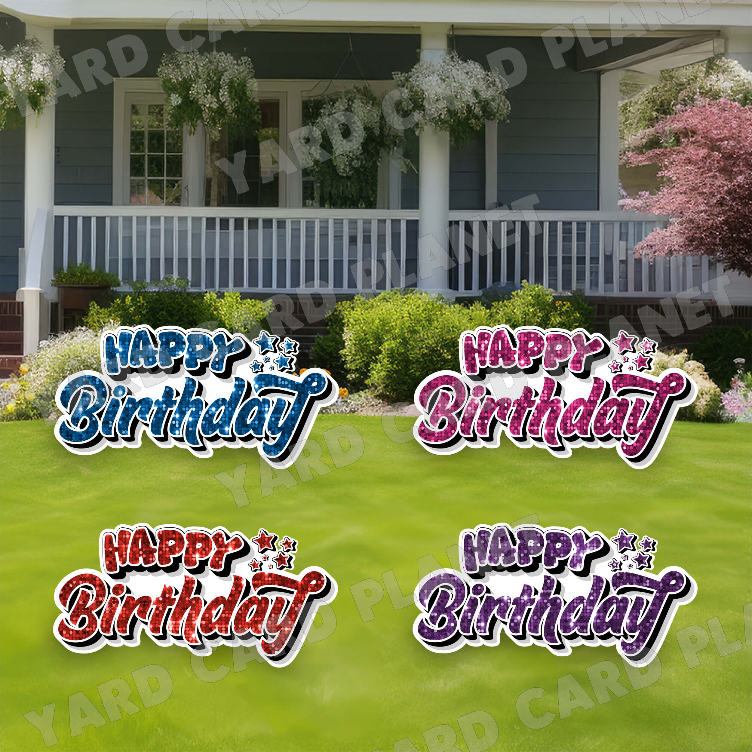 Happy Birthday EZ Quick Signs in Sequin Blue, Red, Hot Pink and Purple Yard Card Set