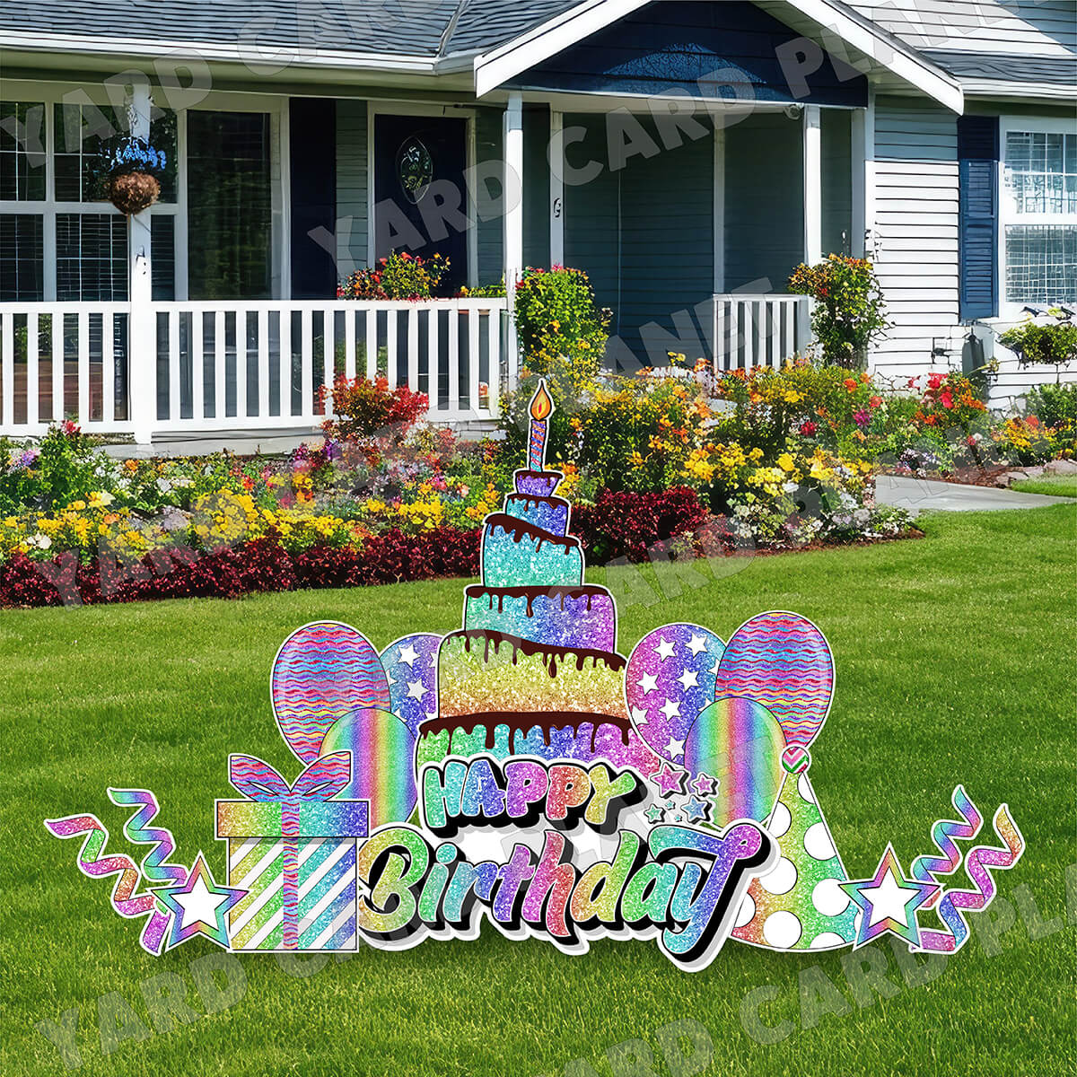 Rainbow Glitter Happy Birthday EZ Quick Sign and Birthday Essentials Yard Card Flair Set