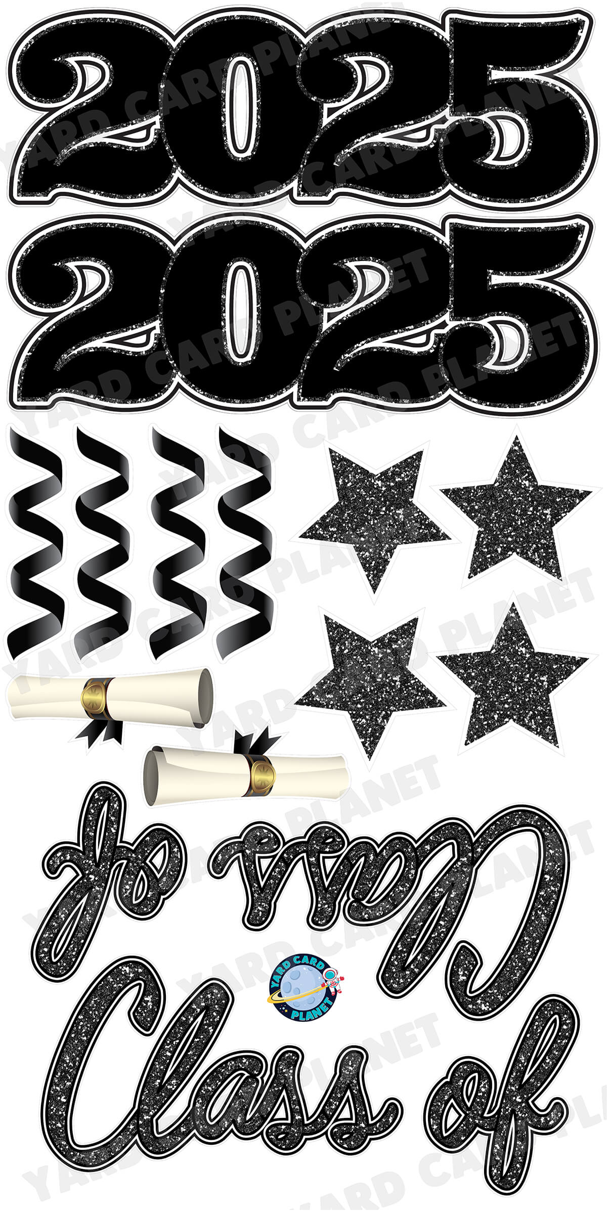 Black Glitter Pattern Class of 2025 EZ Quick Set and Yard Card Flair Set