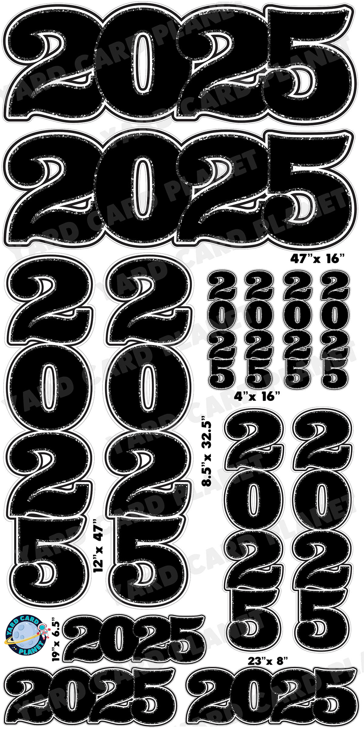 Black Solid with Glitter Pattern Trim 2025 EZ Quick Signs and Towers Yard Card Set