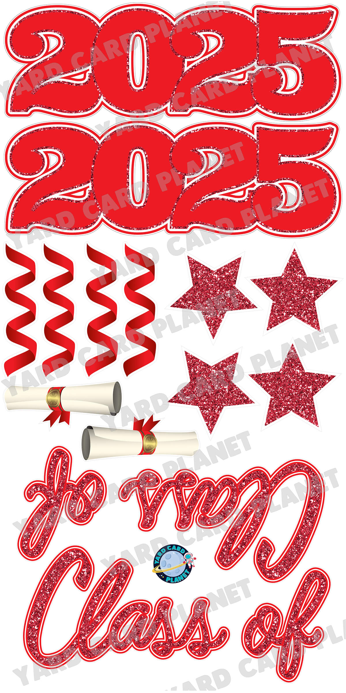 Red Glitter Pattern Class of 2025 EZ Quick Set and Yard Card Flair Set