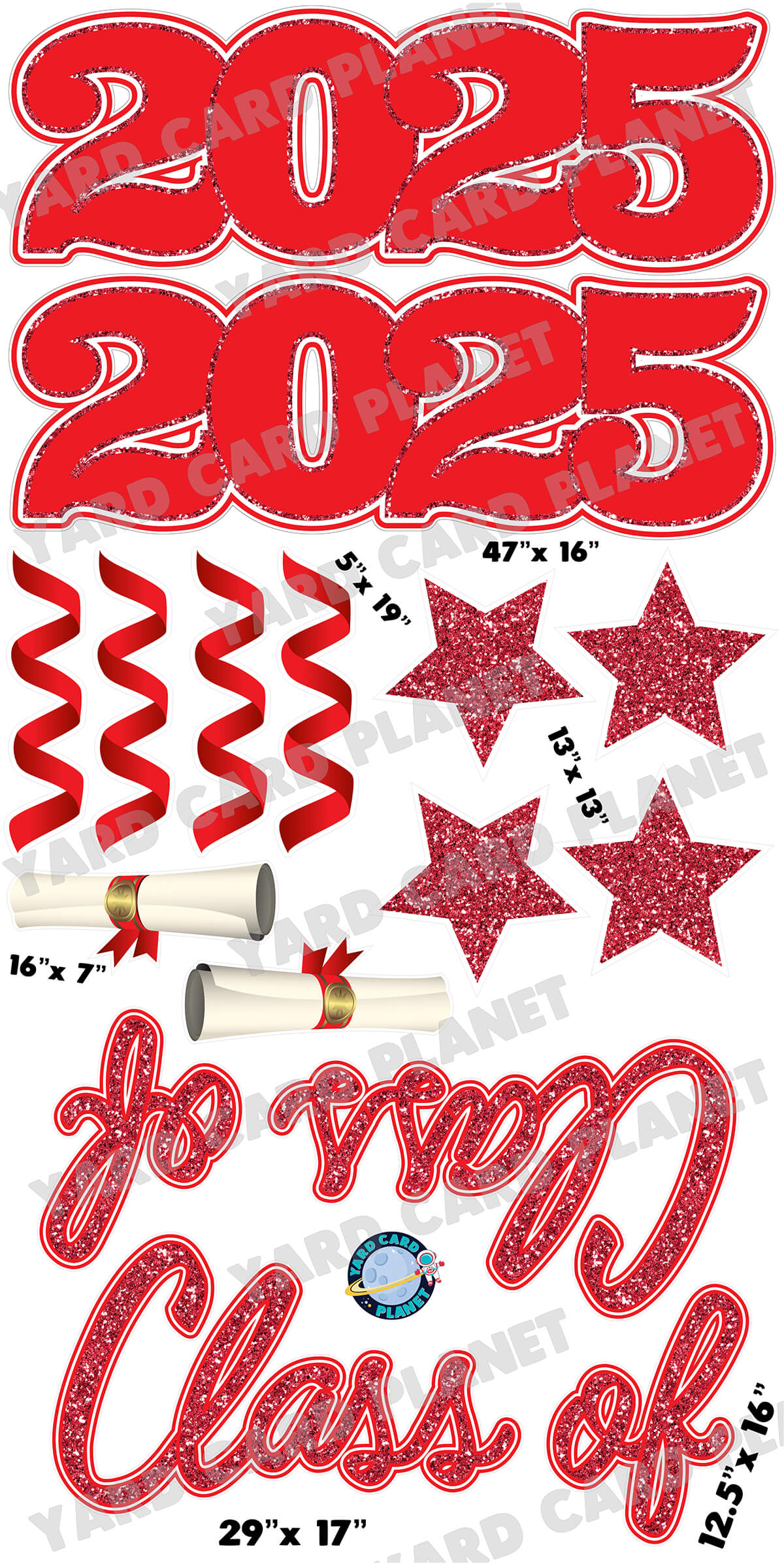 Red Glitter Pattern Class of 2025 EZ Quick Set and Yard Card Flair Set