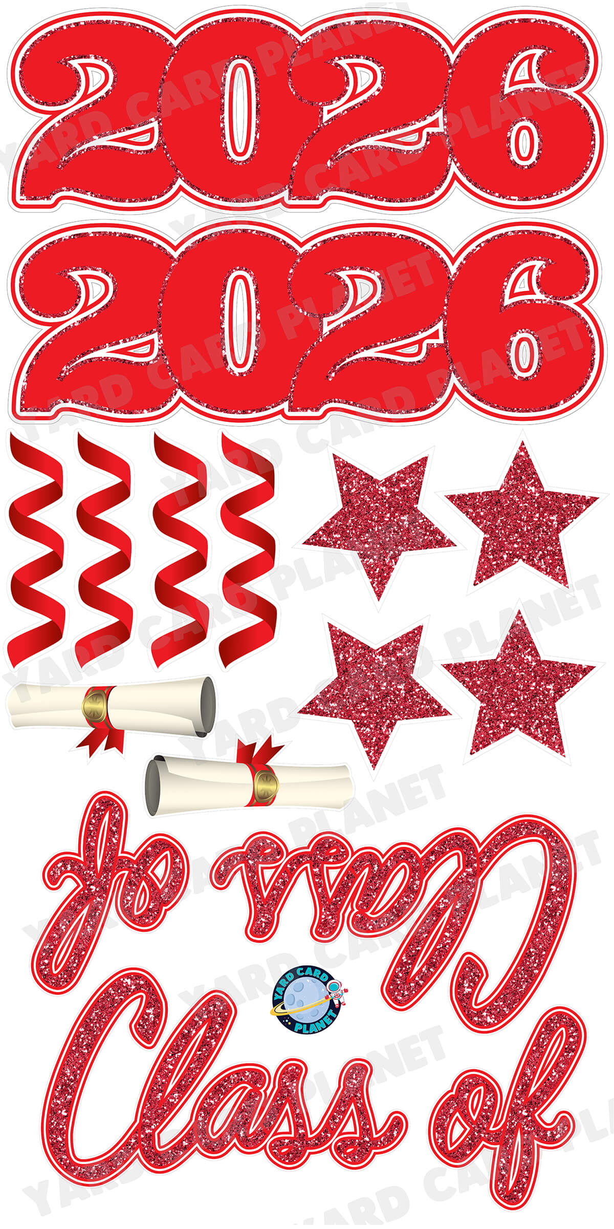 Red Glitter Pattern Class of 2026 EZ Quick Set and Yard Card Flair Set
