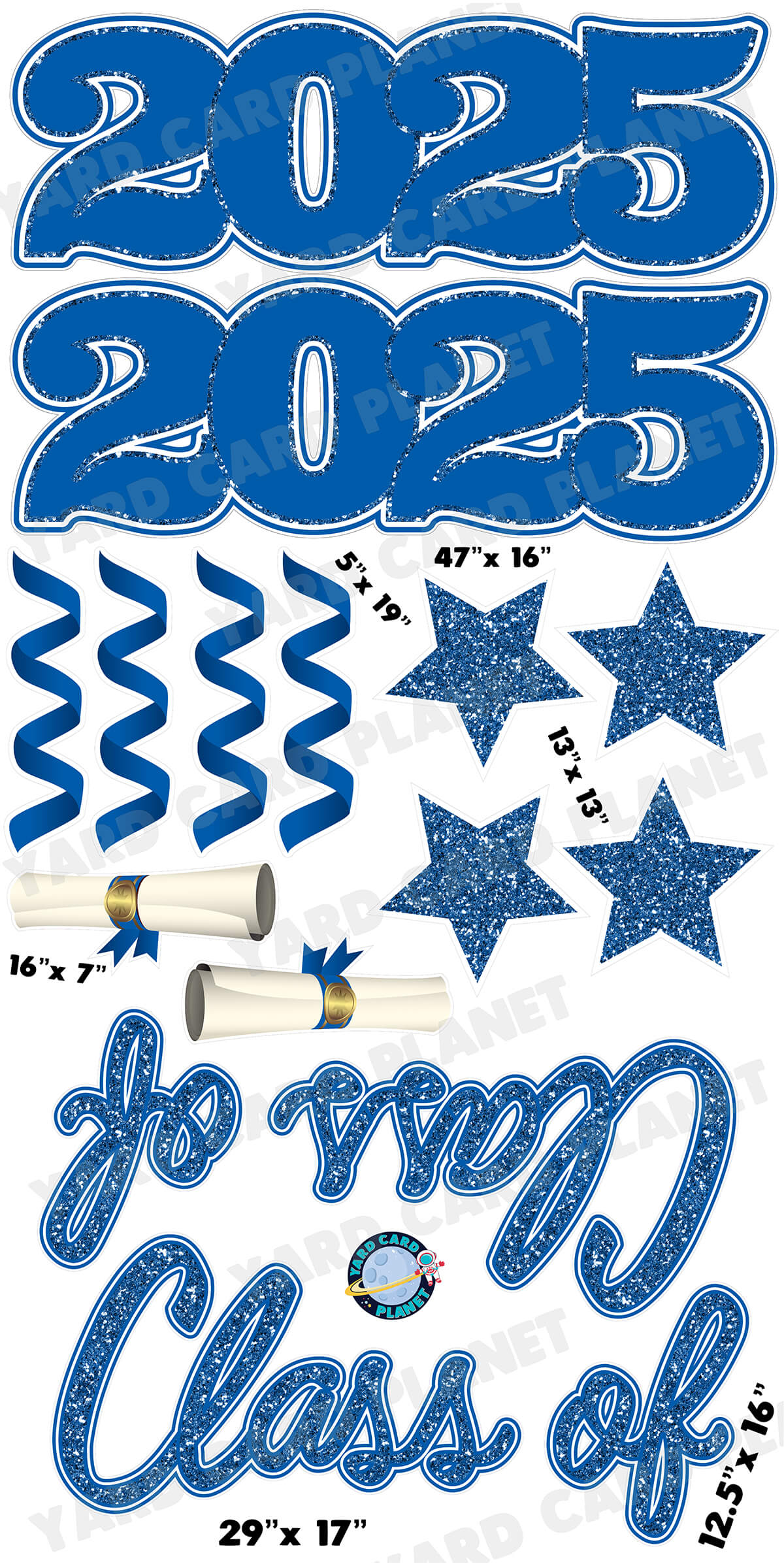 Blue Glitter Pattern Class of 2025 EZ Quick Set and Yard Card Flair Set