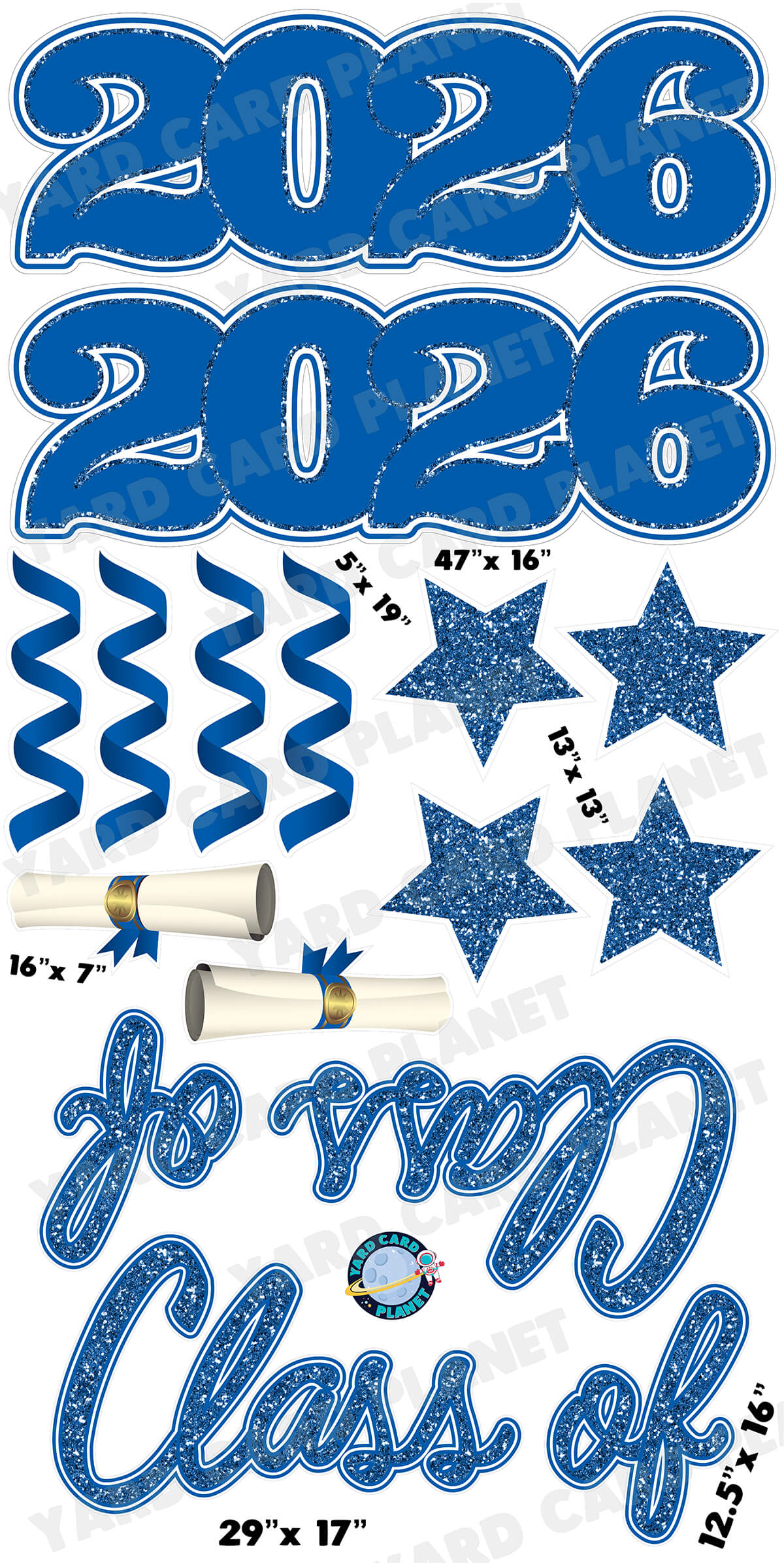 Blue Glitter Pattern Class of 2026 EZ Quick Set and Yard Card Flair Set