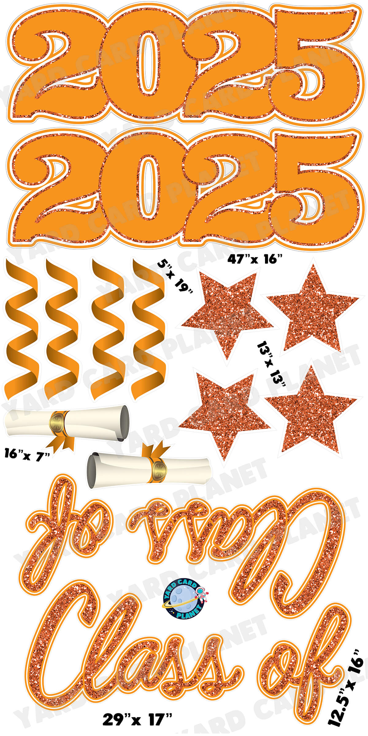 Orange Glitter Pattern Class of 2025 EZ Quick Set and Yard Card Flair Set