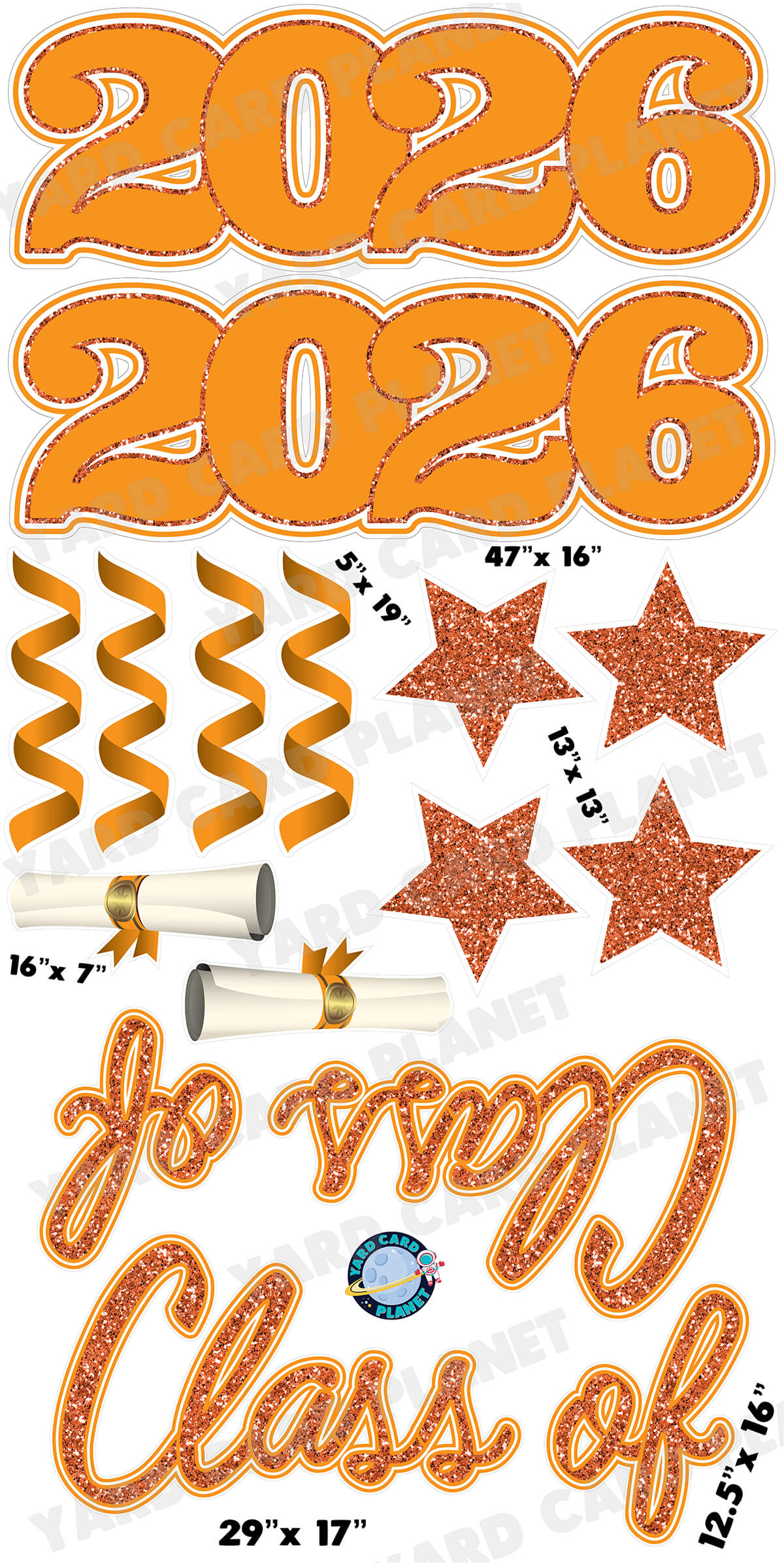 Orange Glitter Pattern Class of 2026 EZ Quick Set and Yard Card Flair Set