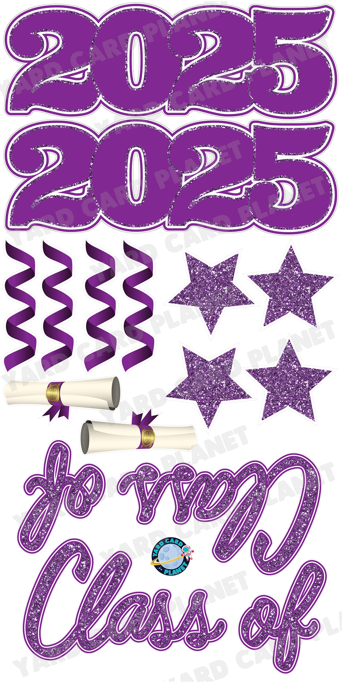 Purple Glitter Pattern Class of 2025 EZ Quick Set and Yard Card Flair Set