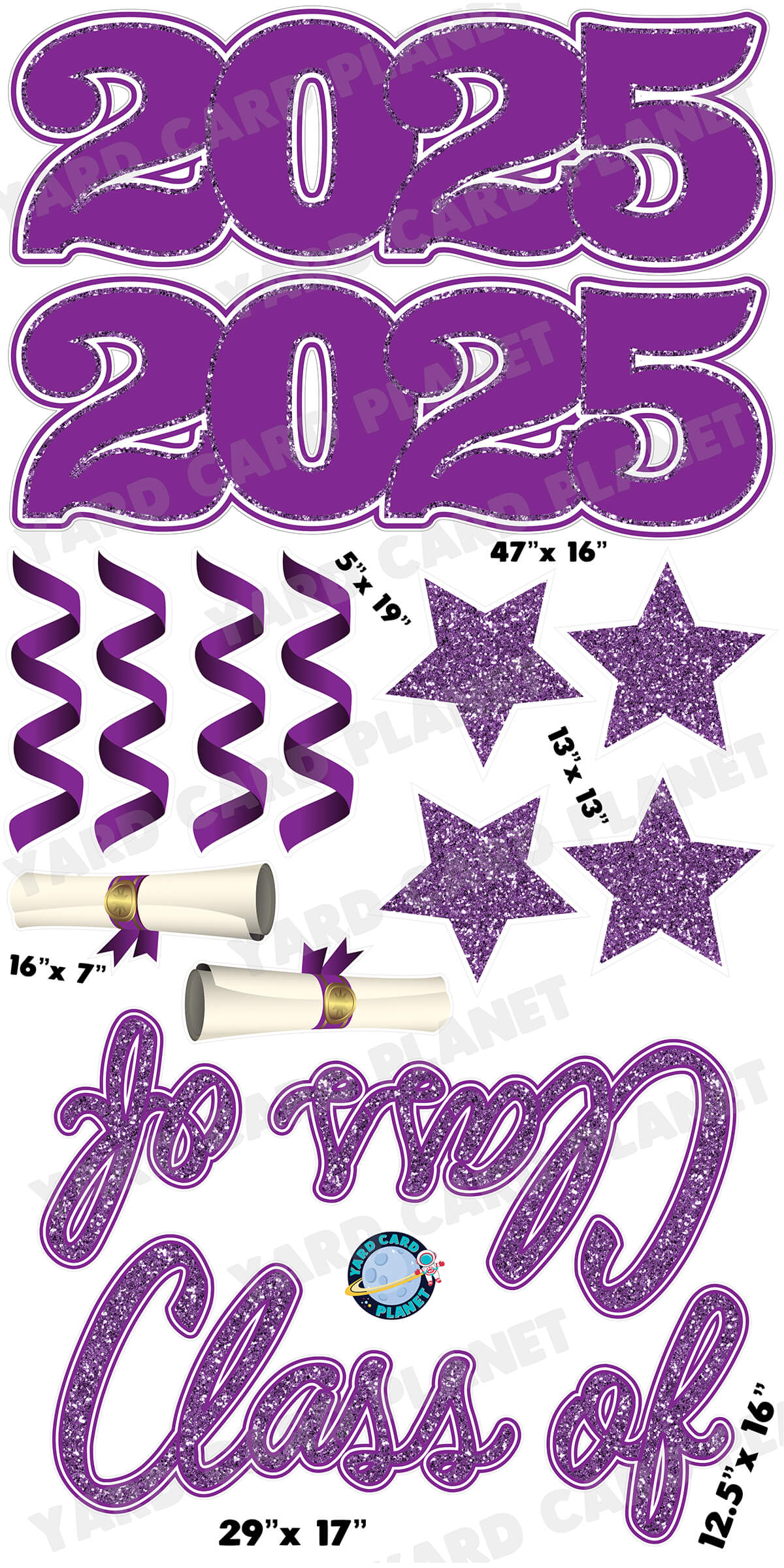 Purple Glitter Pattern Class of 2025 EZ Quick Set and Yard Card Flair Set