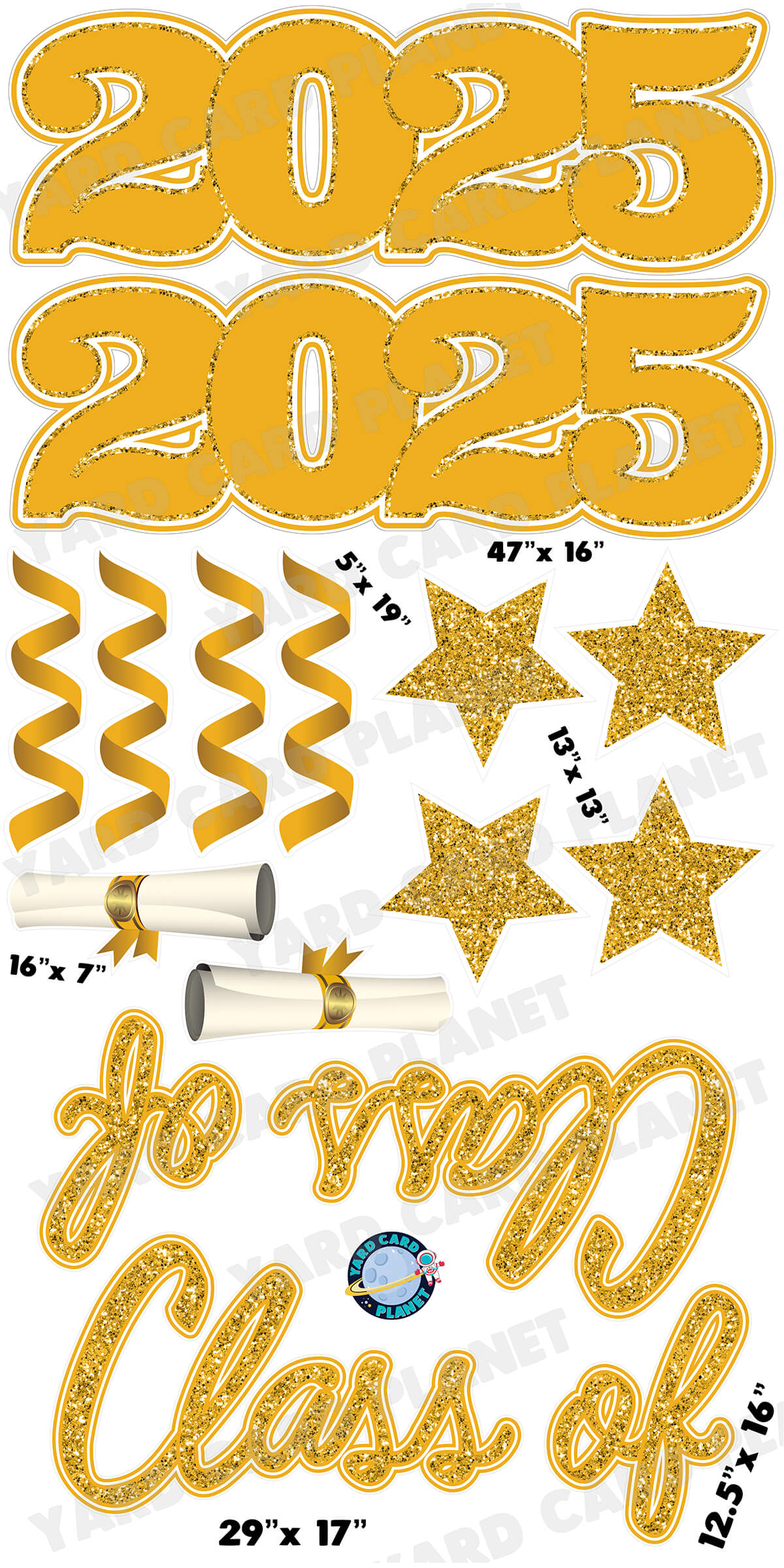 Gold Glitter Pattern Class of 2025 EZ Quick Set and Yard Card Flair Set
