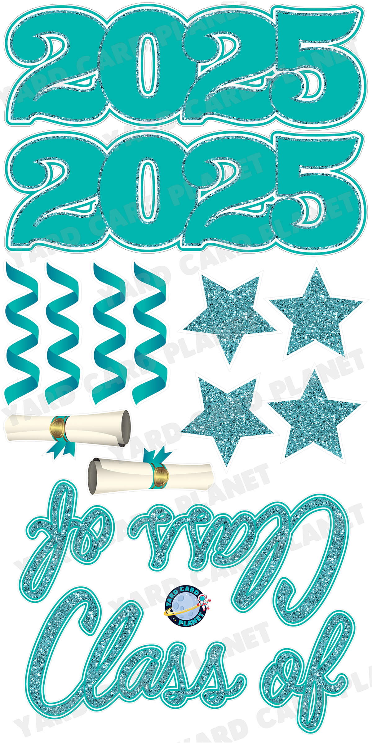 Teal Glitter Pattern Class of 2025 EZ Quick Set and Yard Card Flair Set