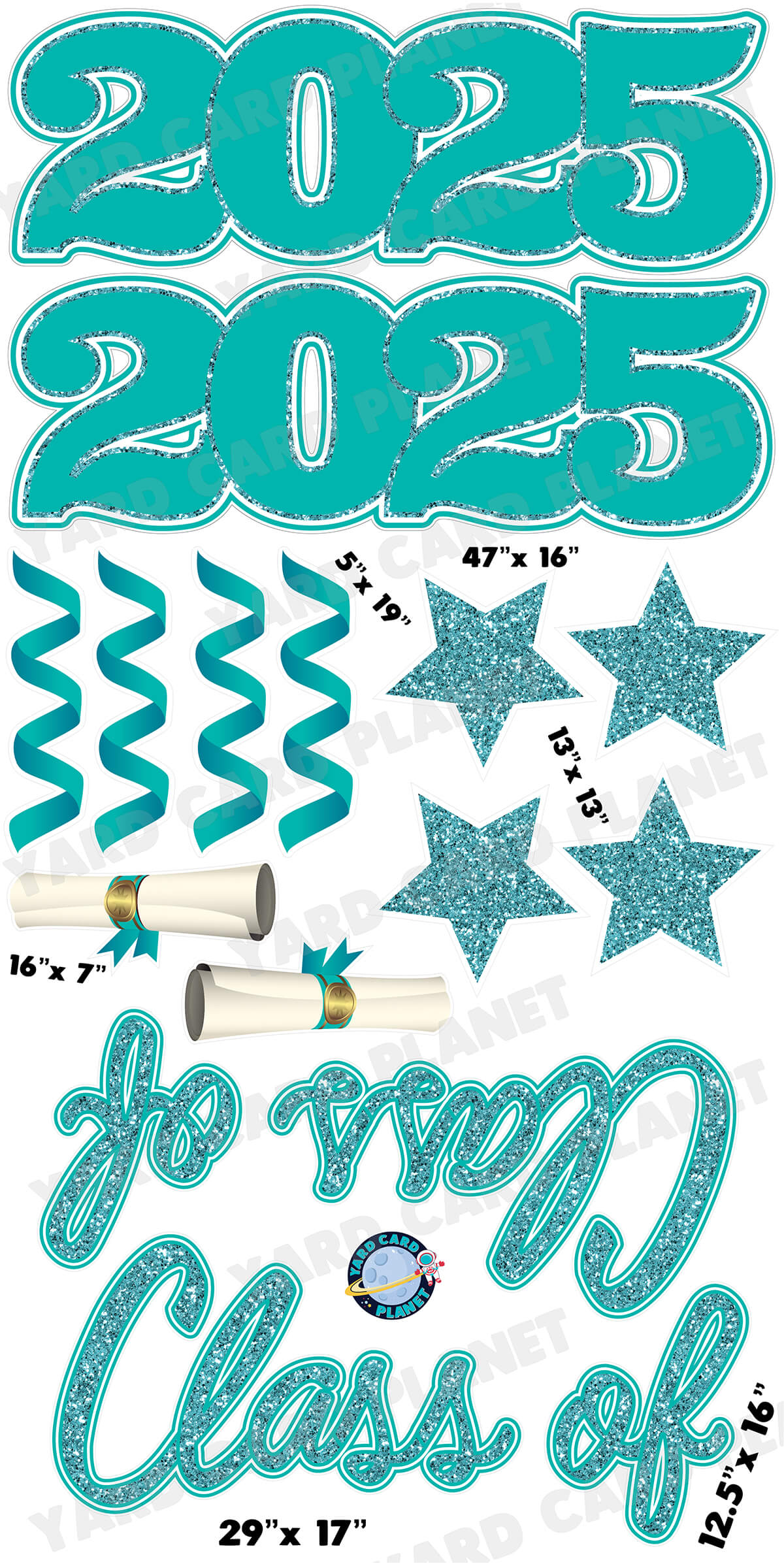 Teal Glitter Pattern Class of 2025 EZ Quick Set and Yard Card Flair Set