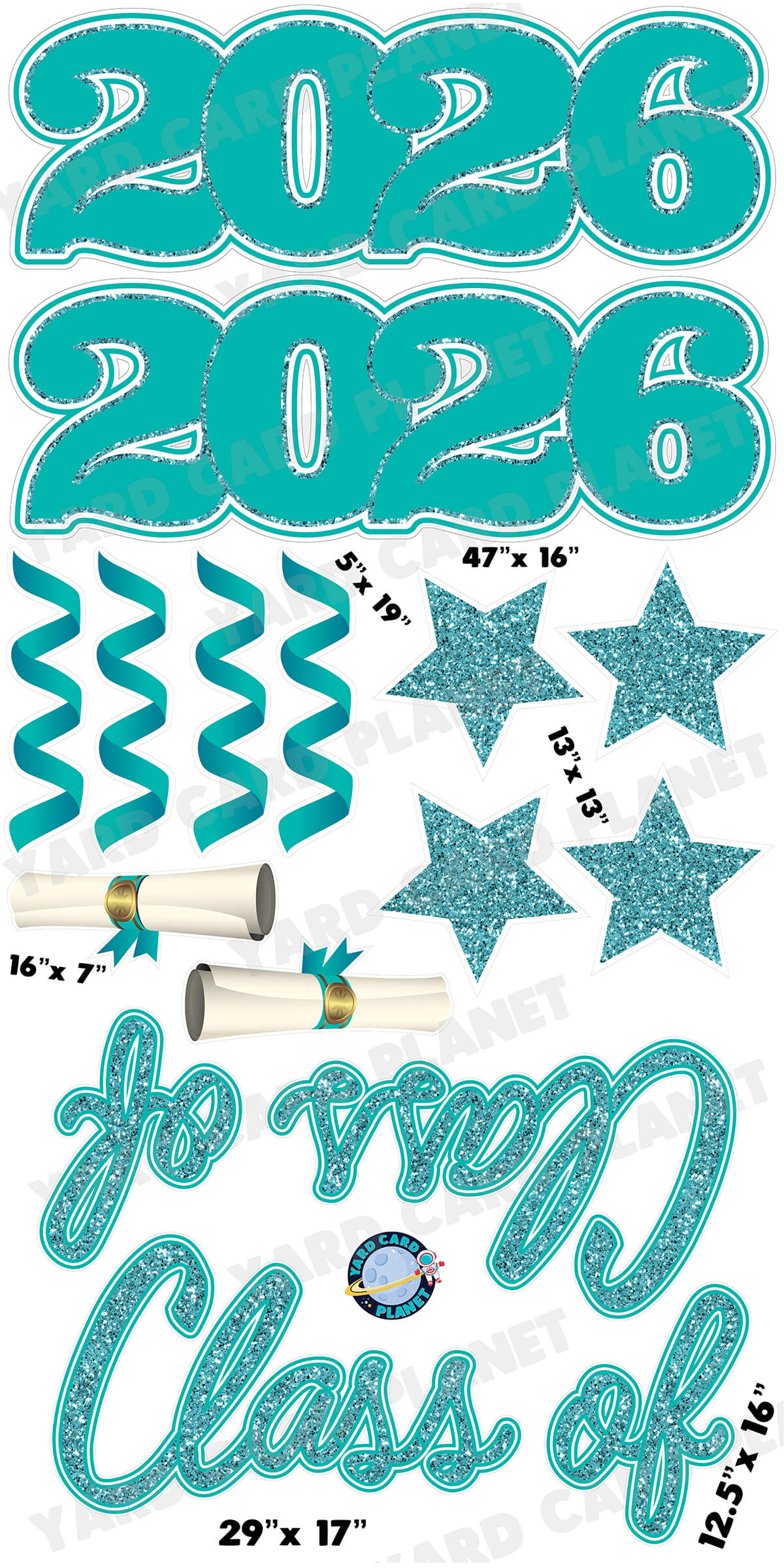 Teal Glitter Pattern Class of 2026 EZ Quick Set and Yard Card Flair Set
